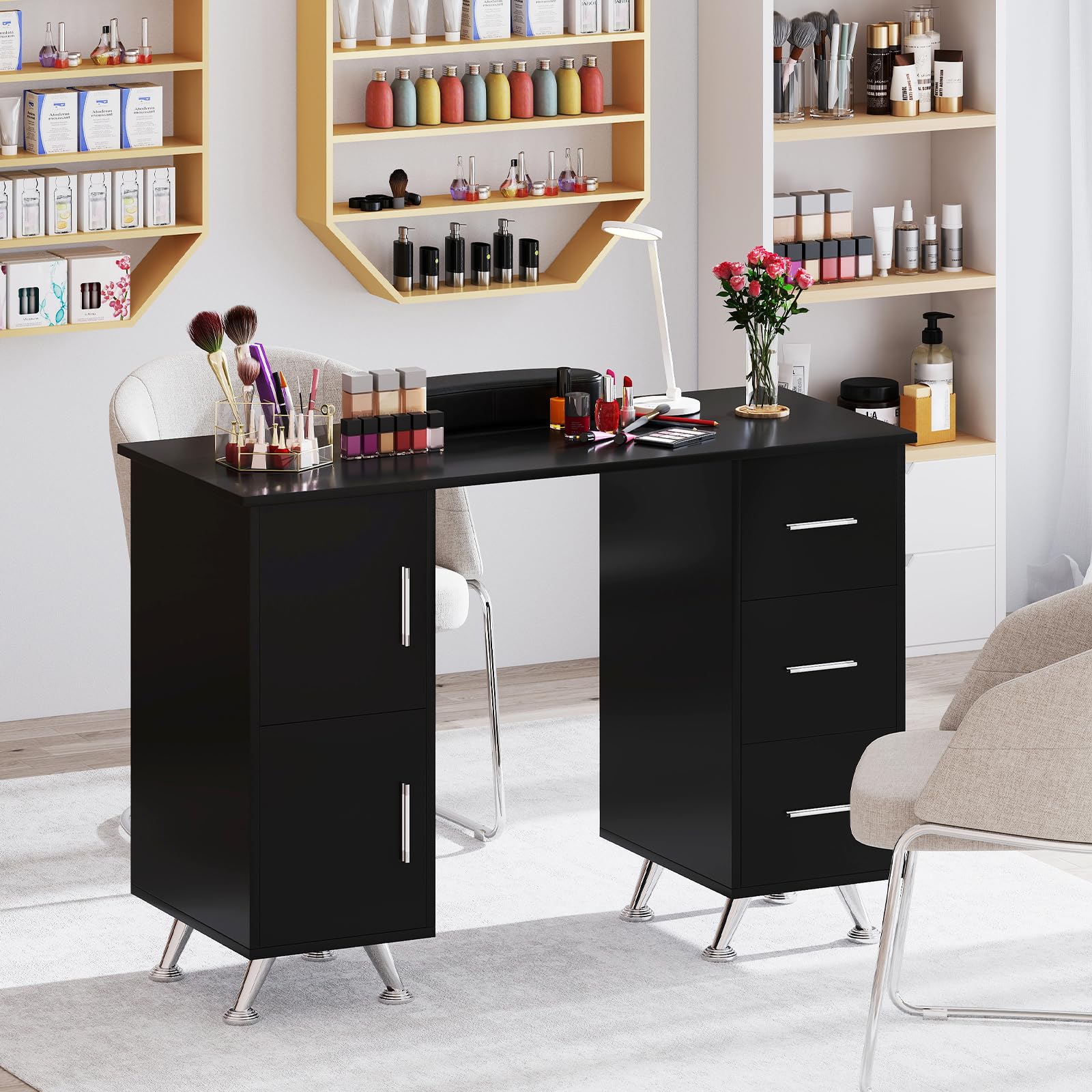 HOMASIS Tavolo per Manicure in Legno, Scrivania per Unghie con 3 Cassetti, 2 Armadietti, Poggiapolsi Rimovibile, Tavolo da Nail Art con Piedini Metallici per Salone di Bellezza, Trucco (Nero)