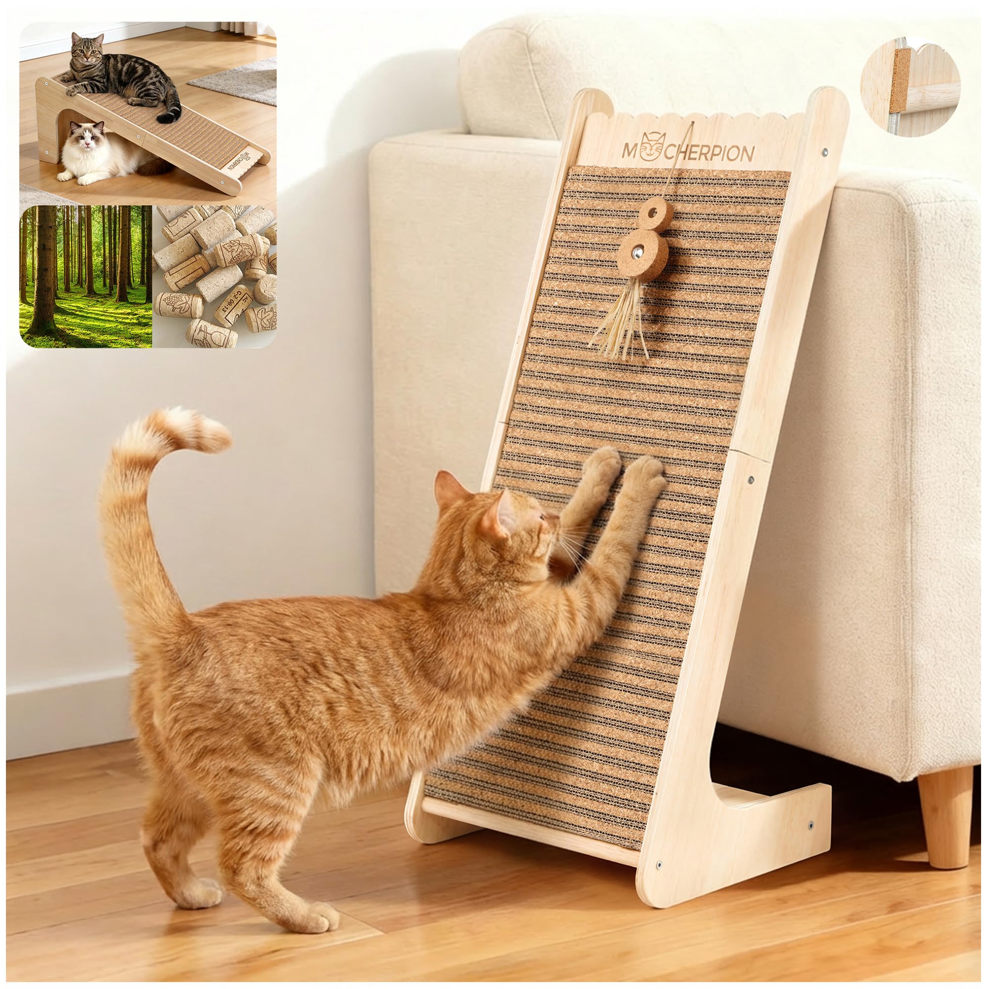 Rascadores de corcho natural para gatos, almohadillas para rascar para interiores, rampa para gatos, cartón para rascar gatos con juguete, uso reemplazable, respetuoso con el medio ambiente