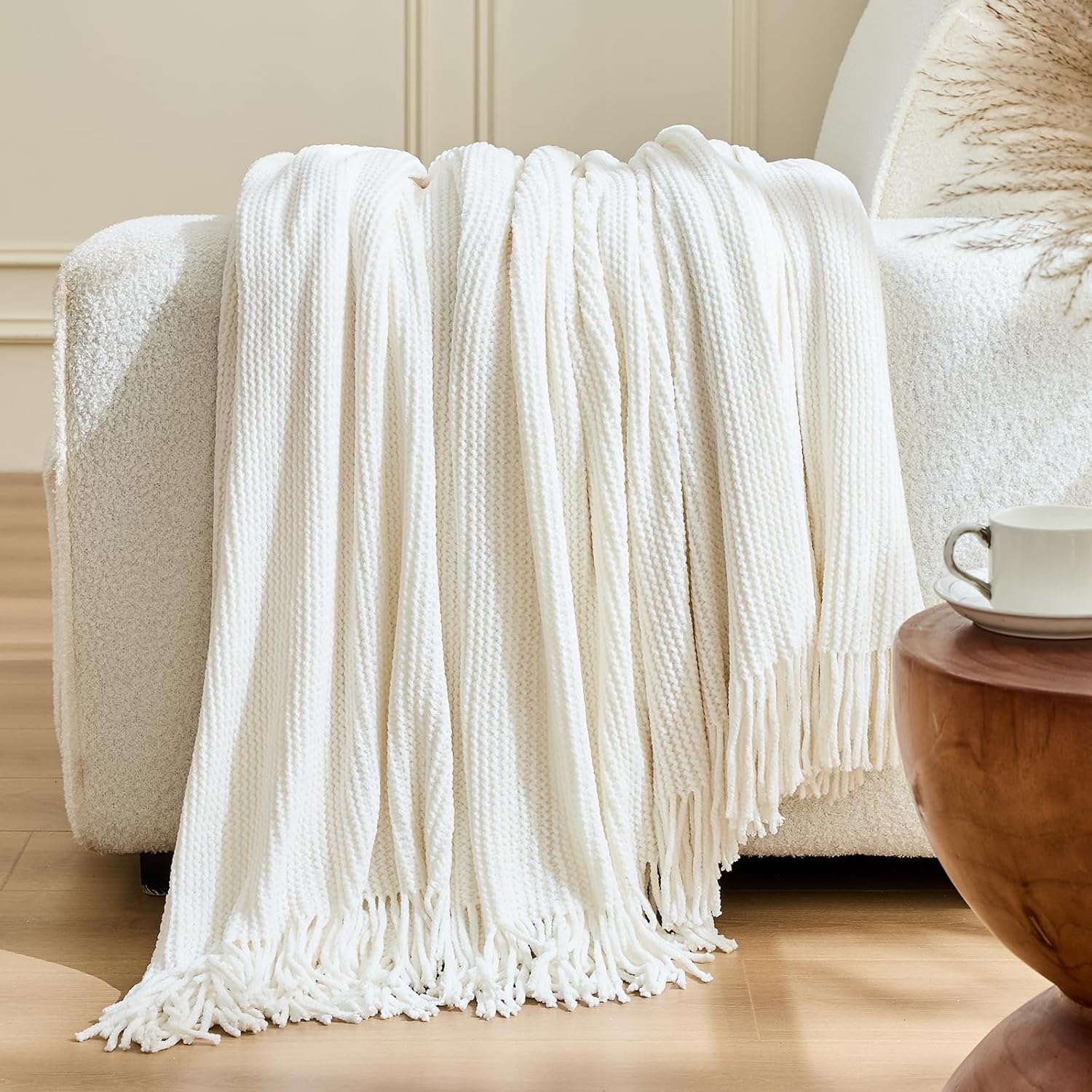 inhand Throw Blanket for Couch Bed,Chunky Chenille Woven Soft Blankets with Tassels, Cozy Boho Farmhouse Fall Winter Decor,Warm for Women,60"x80",Medium Thick-Off White - Image 3