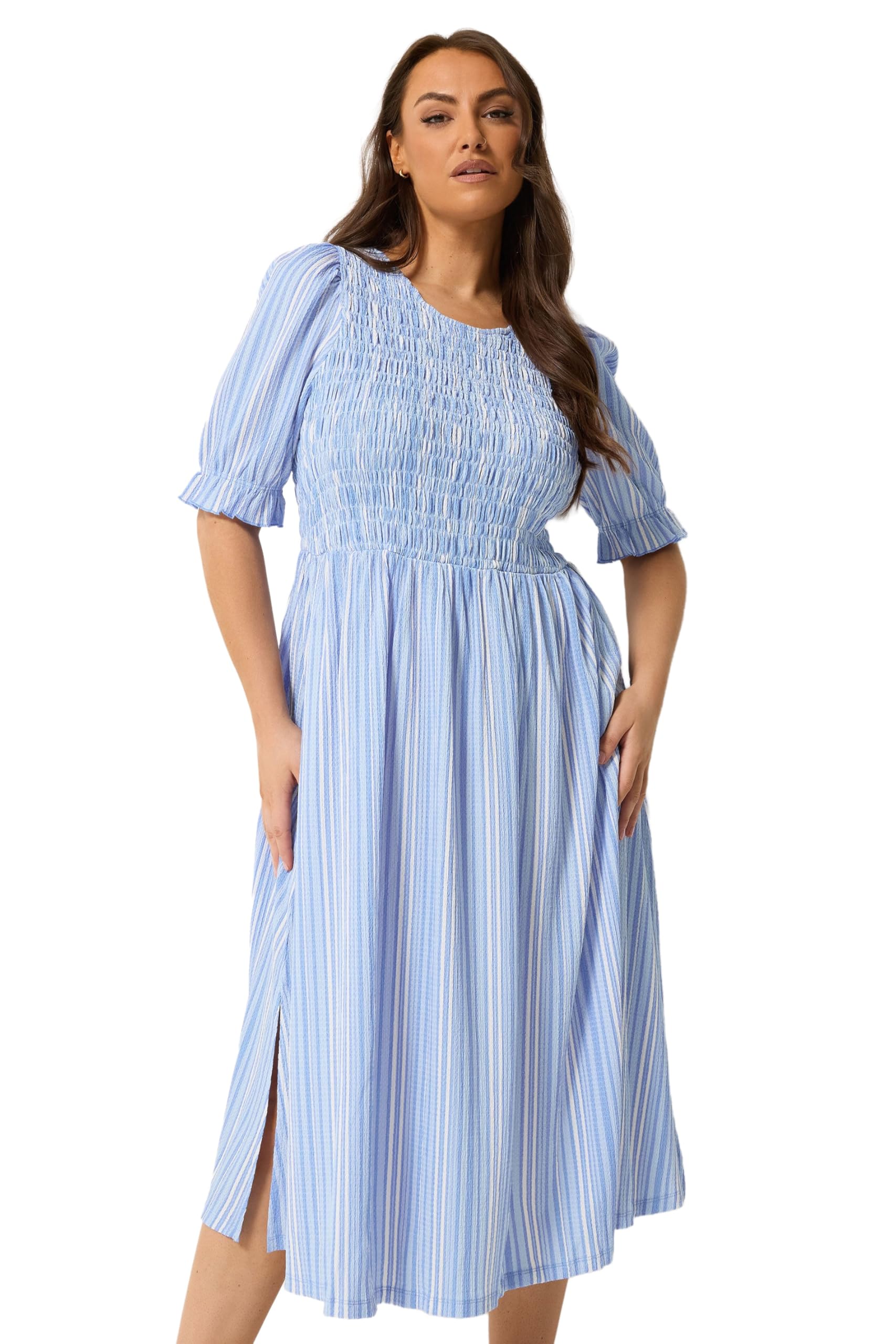 Yours Curve Blue Shirred Stripe Print Dress - Women's - Plus Size Curve