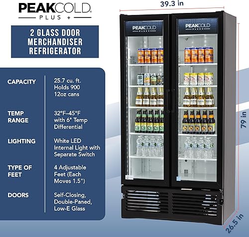 Vista 6 de PEAKCOLD+ 2-Door Upright Display Refrigerator - 25.7 Cubic Ft Energy Efficient Black Merchandiser Refrigerator With Glass Doors, White Interior &