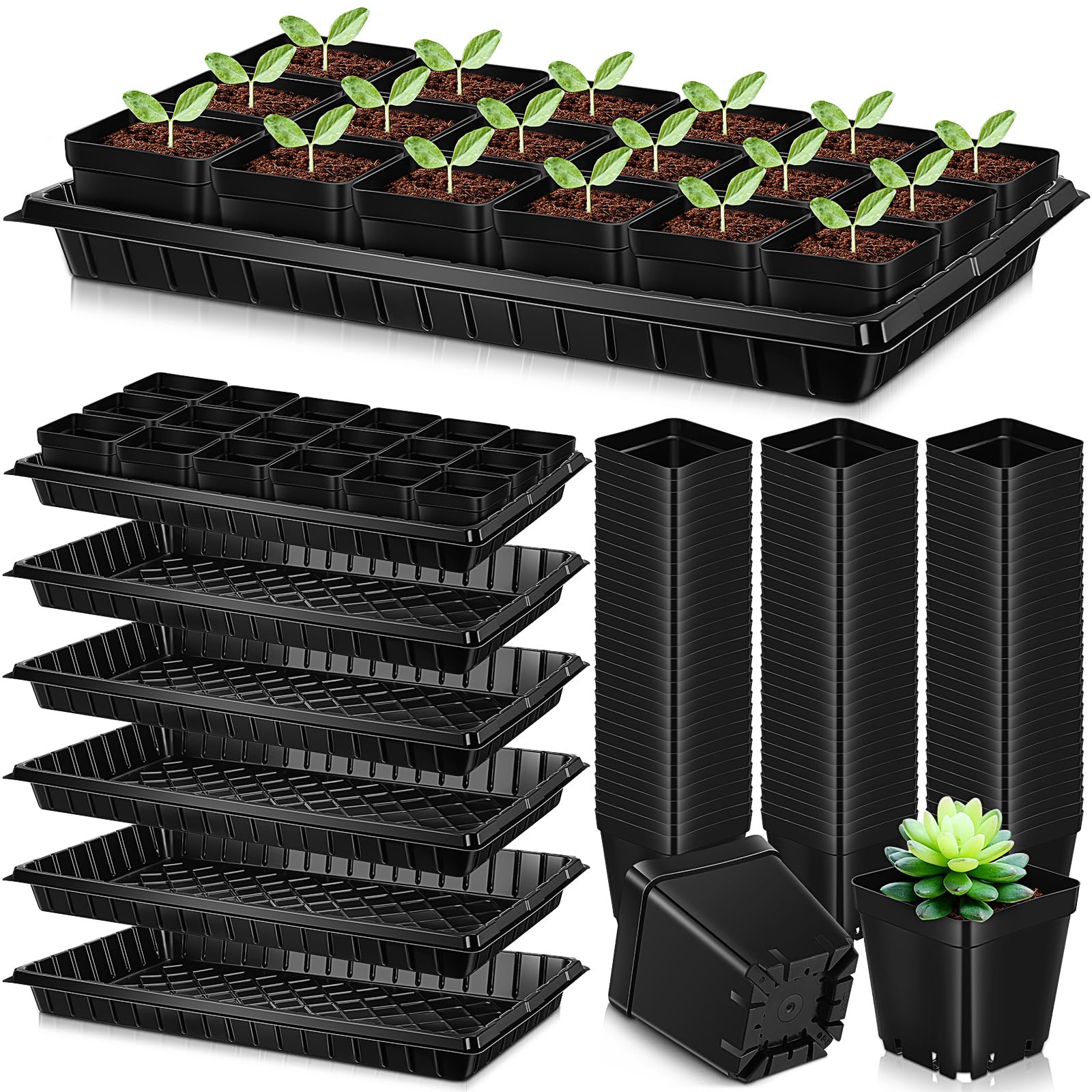 Barydat Set di 6 vassoi per sementi con 108 vasi quadrati per vivaio, 50 x 25 cm, vassoi per la coltivazione di piante per microgreens, grandi vassoi quadrati per piantine, giardinaggio indoor o