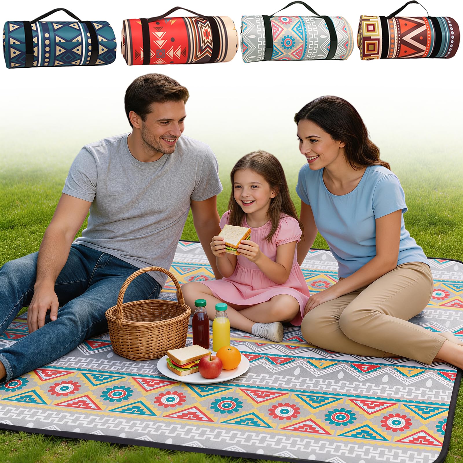 NBOUOU Picnic Blanket Waterproof, Picnic Camping Mat, Beach Mat Blanket with Carrying Strap, Camping Blankets Rug for Outdoor Rug Activities, Park, Hiking Seattle Bohemian 150x200 cm (Grey)