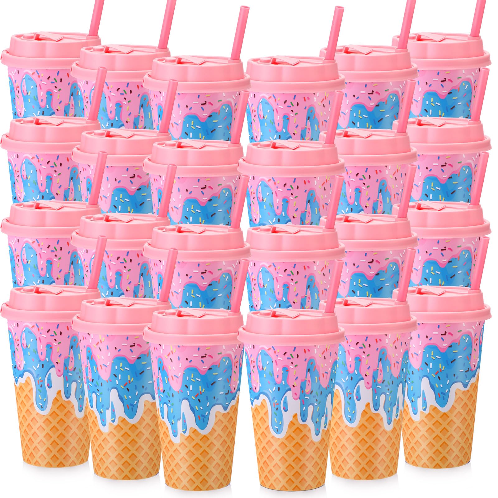 Ice Cream Party Decorations 25 Pcs Ice Cream Cups Lids Straws | 16oz Plastic Cups for Ice Cream Party Favors Birthday Party Decorations, Summer Party Decorations Sweet Shop Dessert Party