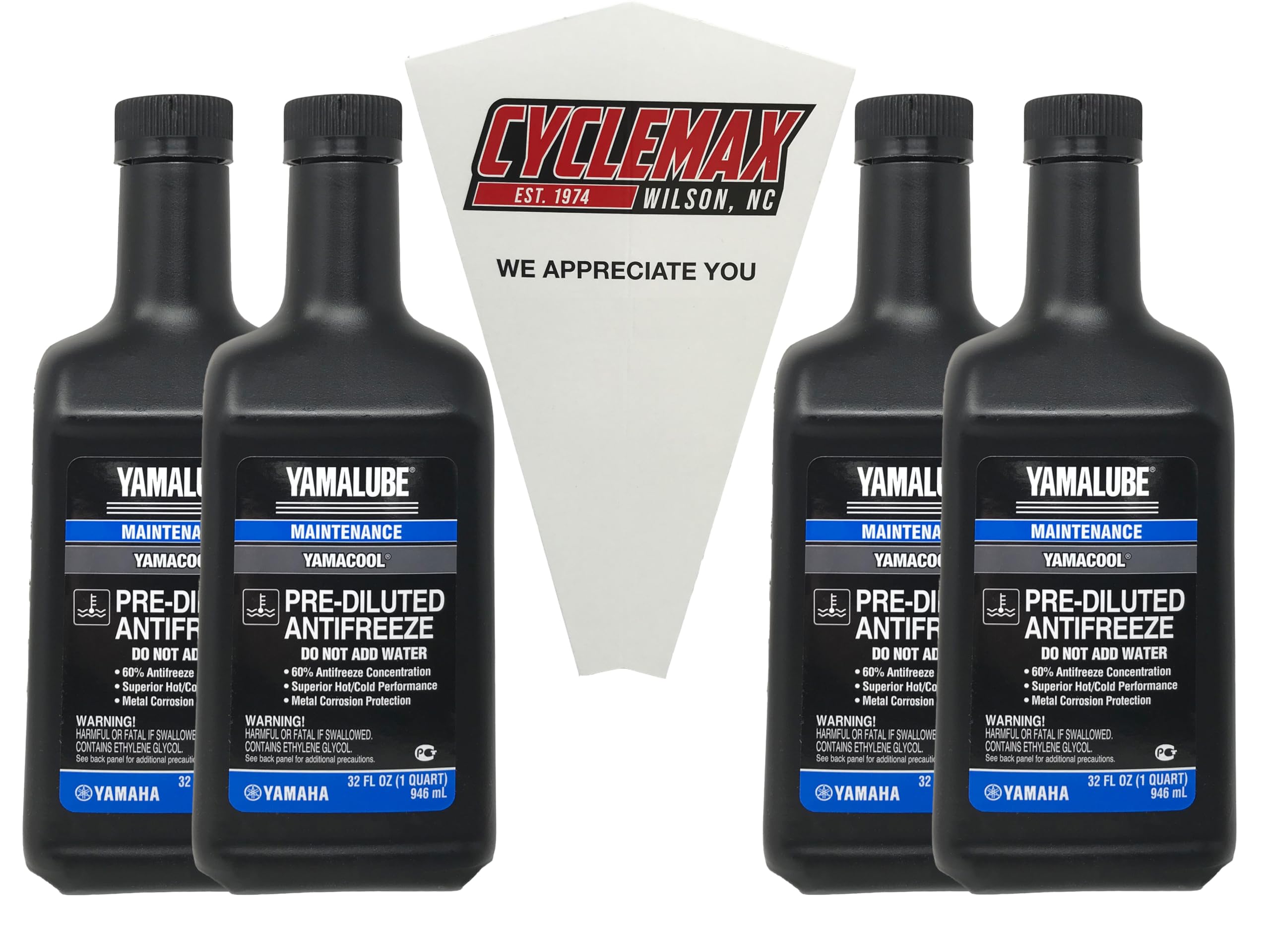 CYCLEMAX Four Pack Compatible with Yamaha Yamalube Pre-Diluted Anti-Freeze ACC-YAMAC-BL-32 Contains Four Quarts and a Funnel