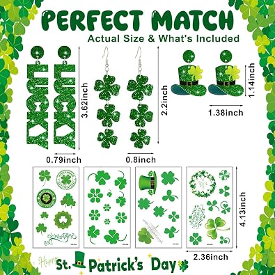St Patricks Day Earrings & Tattoos for Women, 3 Pairs Irish Earrings + Shamrock Temporary Tattoos for Irish Festival Party Celebration, Green Saint Patricks Day Shirt & Outfits Accessories for Adults
