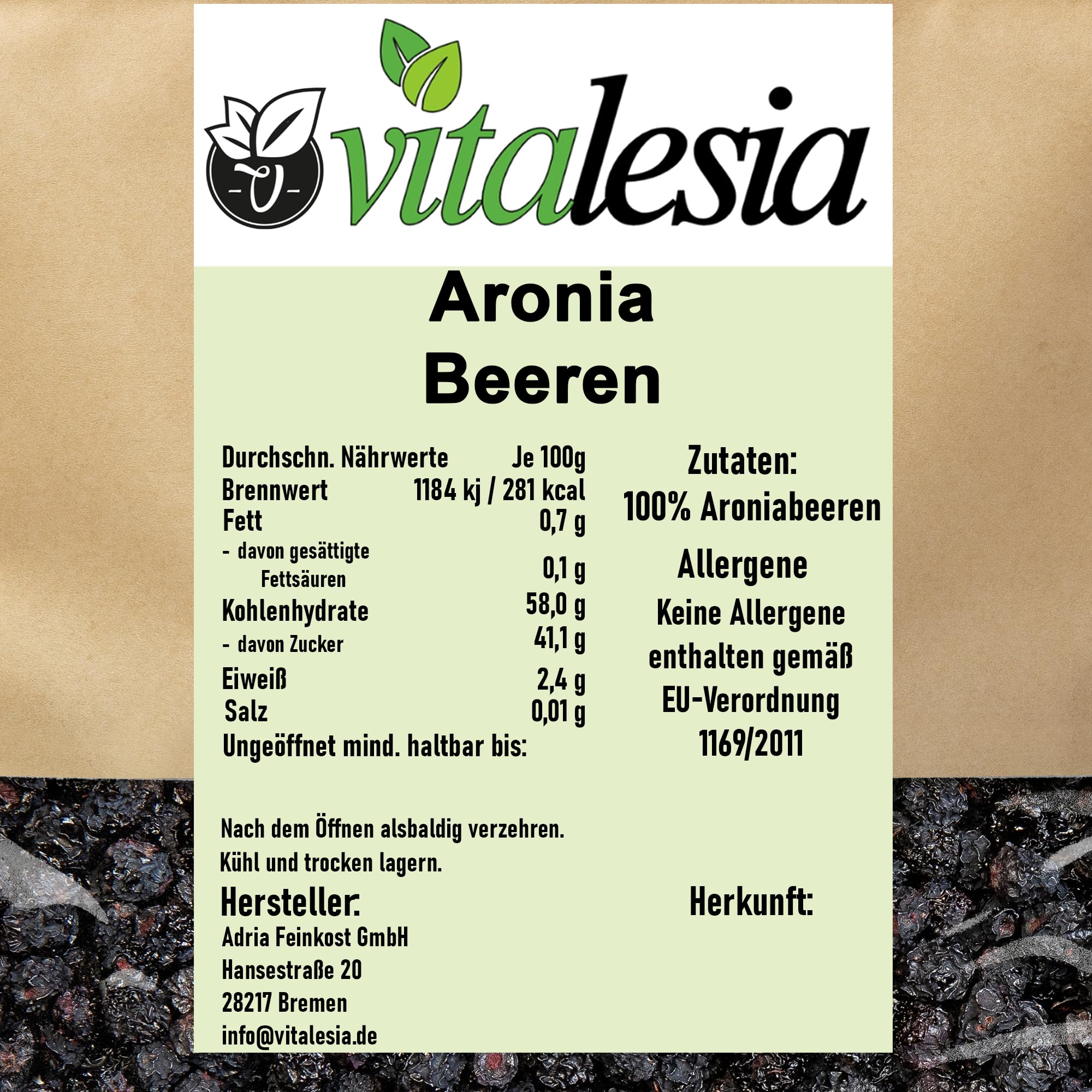 Vitalesia Aronia Beeren getrocknet 1 kg | 100% Superfood Beeren | reich an Ballaststoffen & Antioxidantien | Premiumqualität ohne Zuckerzusatz | vegan