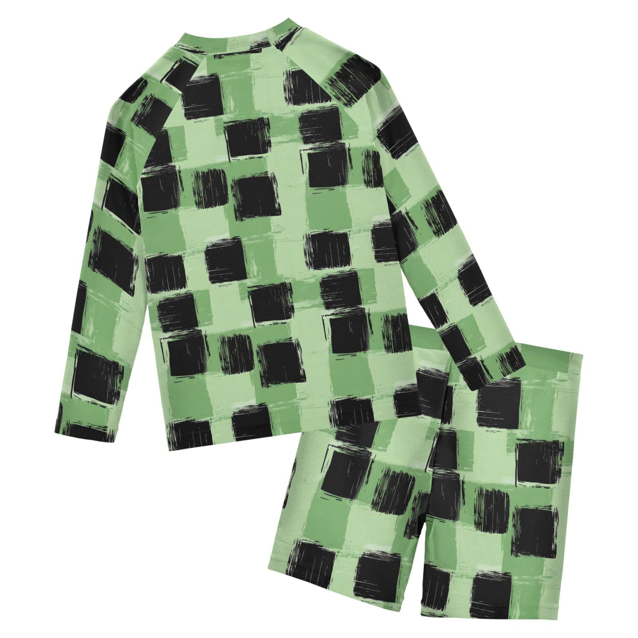 Green Black Buffalo Check Plaid Boys Rash Guard Swimsuits Set Long Sleeve Swim Shirts Bathing Suits B0403478