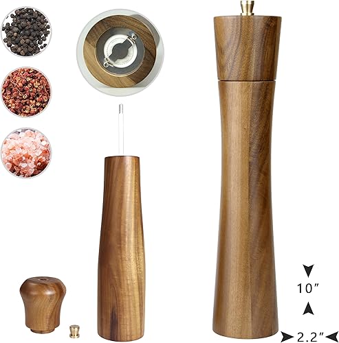 Miniatura 10 de Molinillo de sal y pimienta de madera de acacia de 10 ", molinillo de pimienta de rotor de cerámica ajustable, molinos de especias recargables
