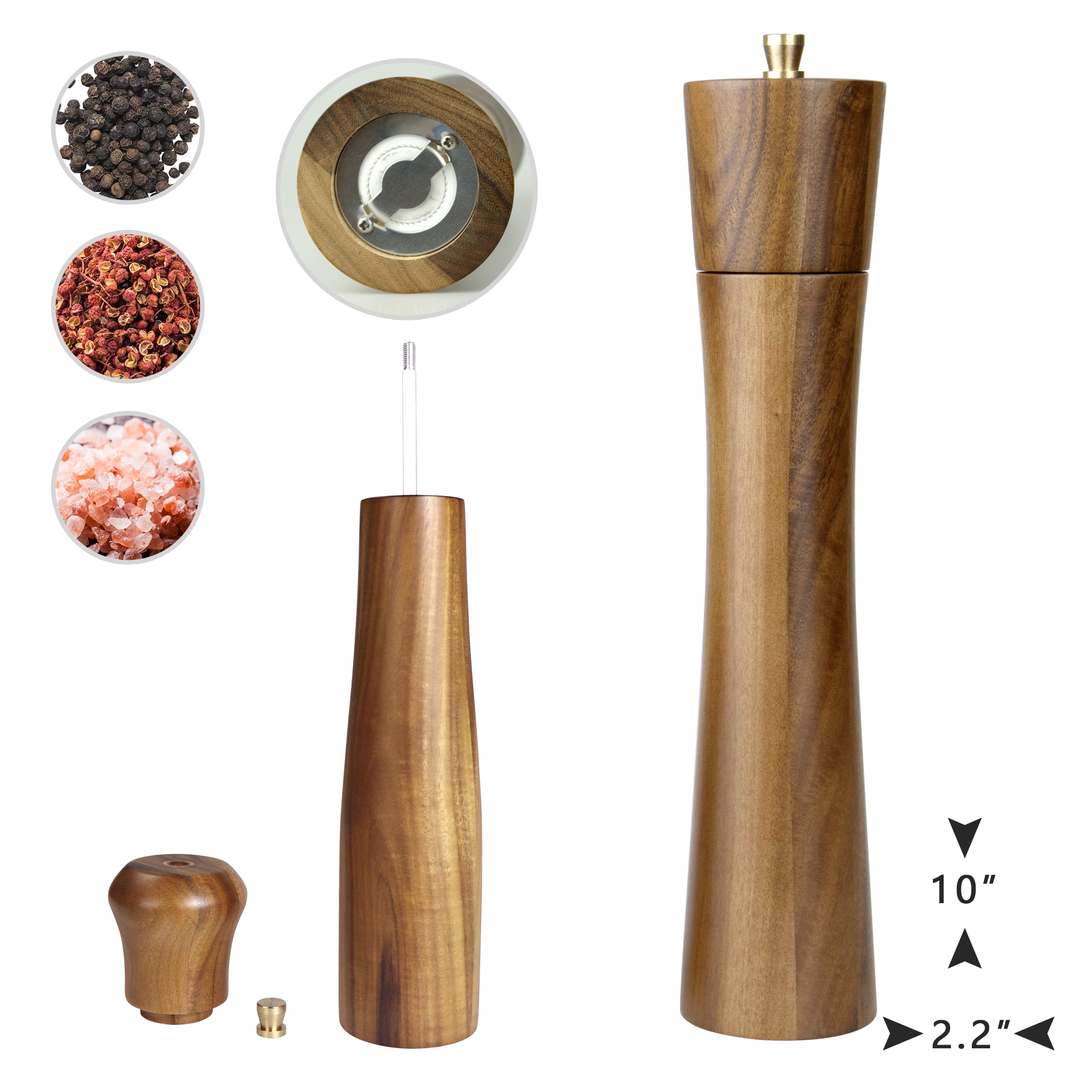 Artmujohn 10 inches Wooden salt and pepper grinder set, Acacia wood handicrafts mills shakers, Refillable spice grinders, Adjustable ceramic rotor grinder,Customize gift mills set (2pcs in box)