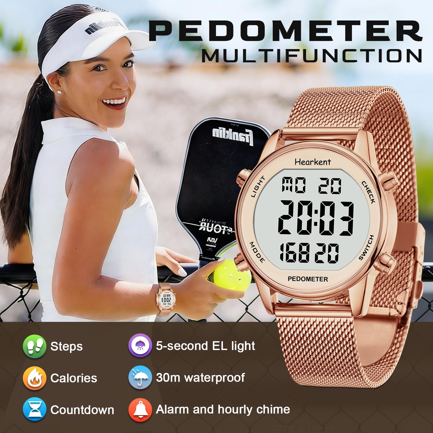 Hearkent Montre podomètre pour femme, avec compteur de calories, non Bluetooth, étanche à 30 m, grand écran LCD pour la marche et les activités quotidiennes