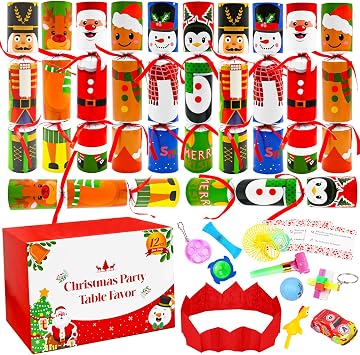 12-Pack Christmas Party Favors Set, No-Snap Christmas Cracker Poppers with Hats, Jokes & Gifts, Xmas Table Decor for Holiday Dinners Stocking Stuffers Festive Party Supplies