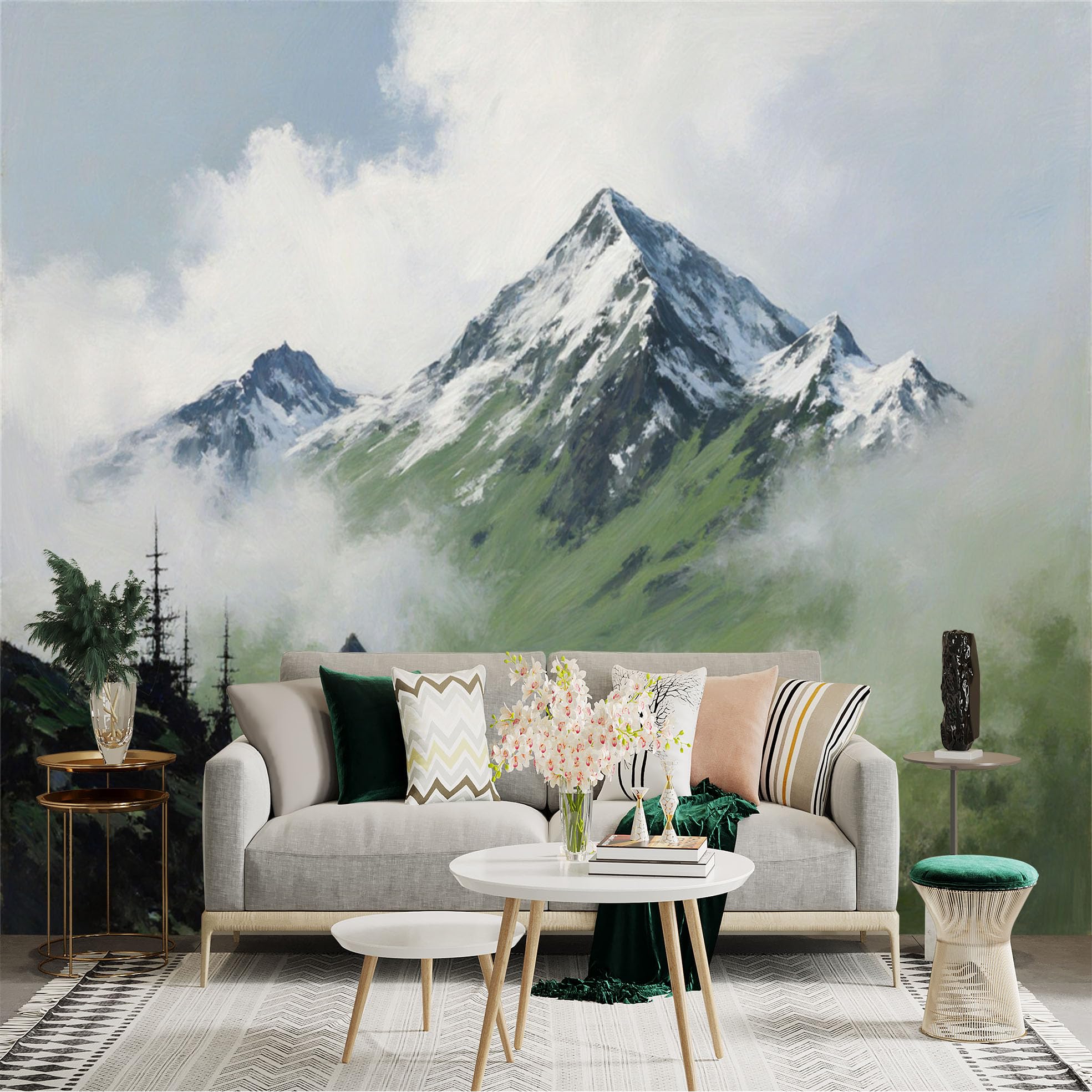 Lnzczhyre Xc260505203 Custom Size Wall Sticker Mural， Snowy Mountain Peak， Oil Painting Style Landscape， Misty Green Valley With Pine Trees， For Wall Decoration， Peelandstick Wall Decals.