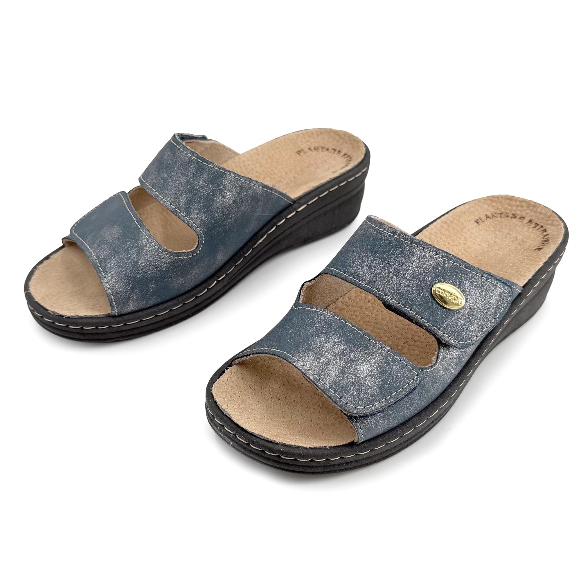 JOMIX Damen Pantoletten Orthopädische mit Klettverschluss Sommer Hausschuhe Anatomisch Ergonomisch Herausnehmbares Lederfußbett Verstellbar Bequemer Keilabsatz für ältere Damen