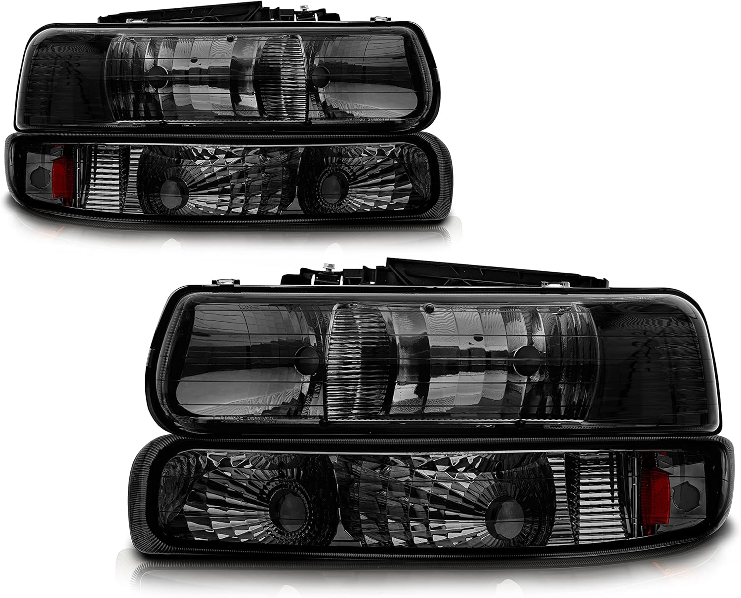 Headlight Assembly Compatible with 1999-2002 Chevy Silverado 1500 2500/2000-2006 Suburban 1500 2500 Tahoe, Headlamps with Bumper Lights, Fit OE Grill (Smoke Lens Amber Reflector)