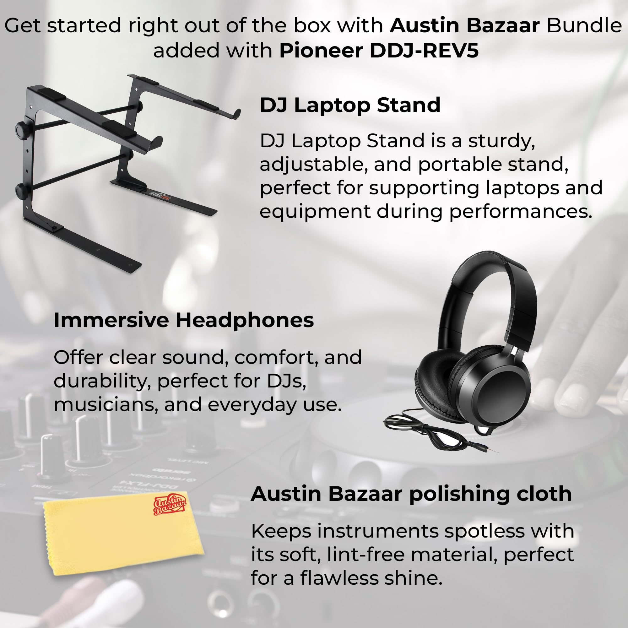 Pioneer DDJ-REV5 4-Deck DJ Controller - Black Bundle with Laptop Stand, Headphones, and Austin Bazaar Polishing Cloth