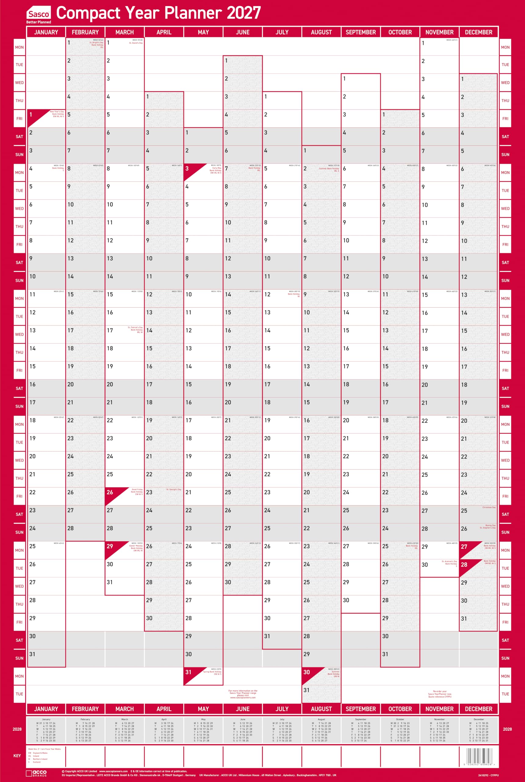 Sasco 2027 Compact Year Wall Planner Portrait with wet wipe pen & pack of 388 stickers, Red, Poster Style, 405mmW x 610mmH