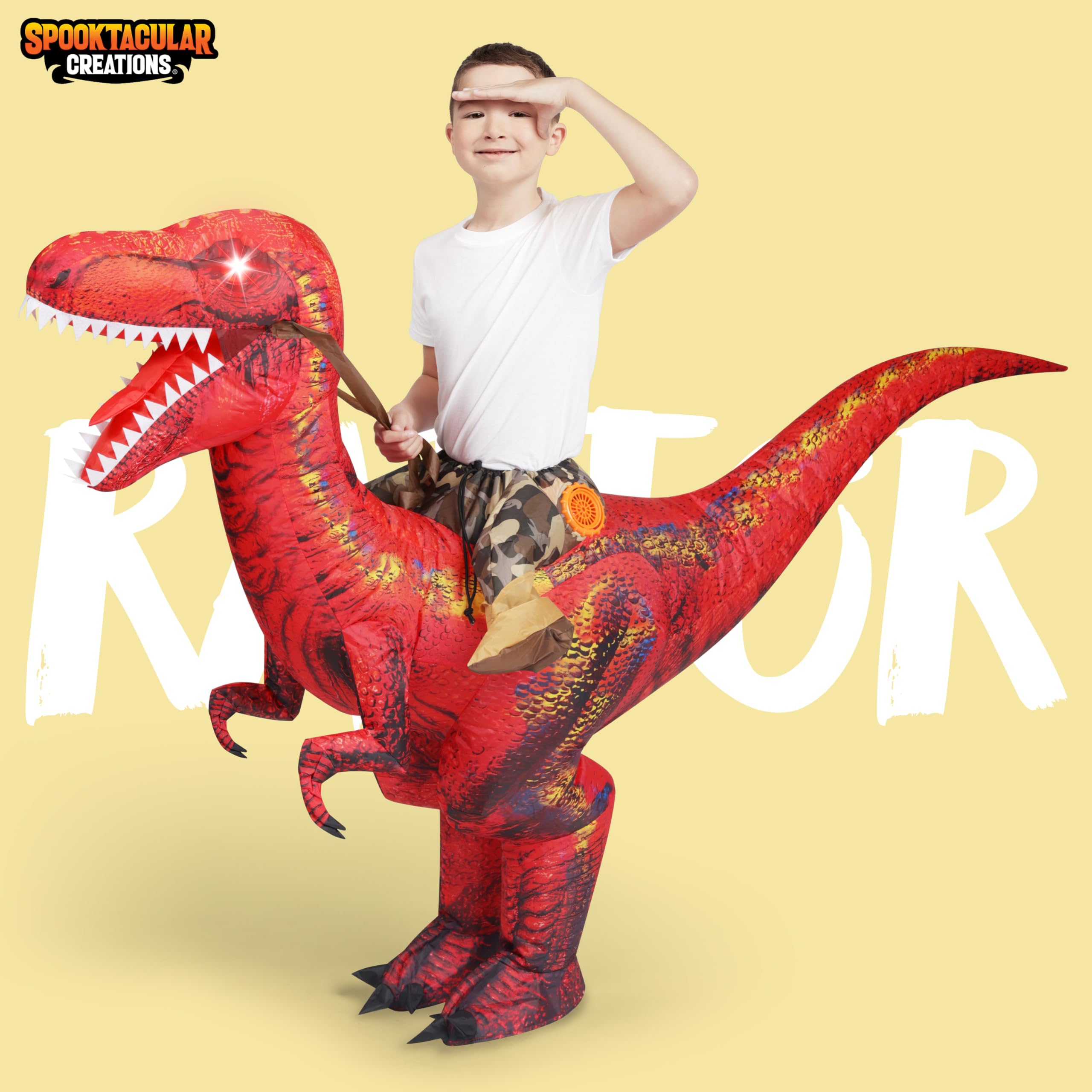Spooktacular Creations Disfraz de dinosaurio inflable para niños, disfraz de T-Rex con ojos iluminados LED, montar un raptor, disfraces de Halloween inflables con aire impreso digitalmente