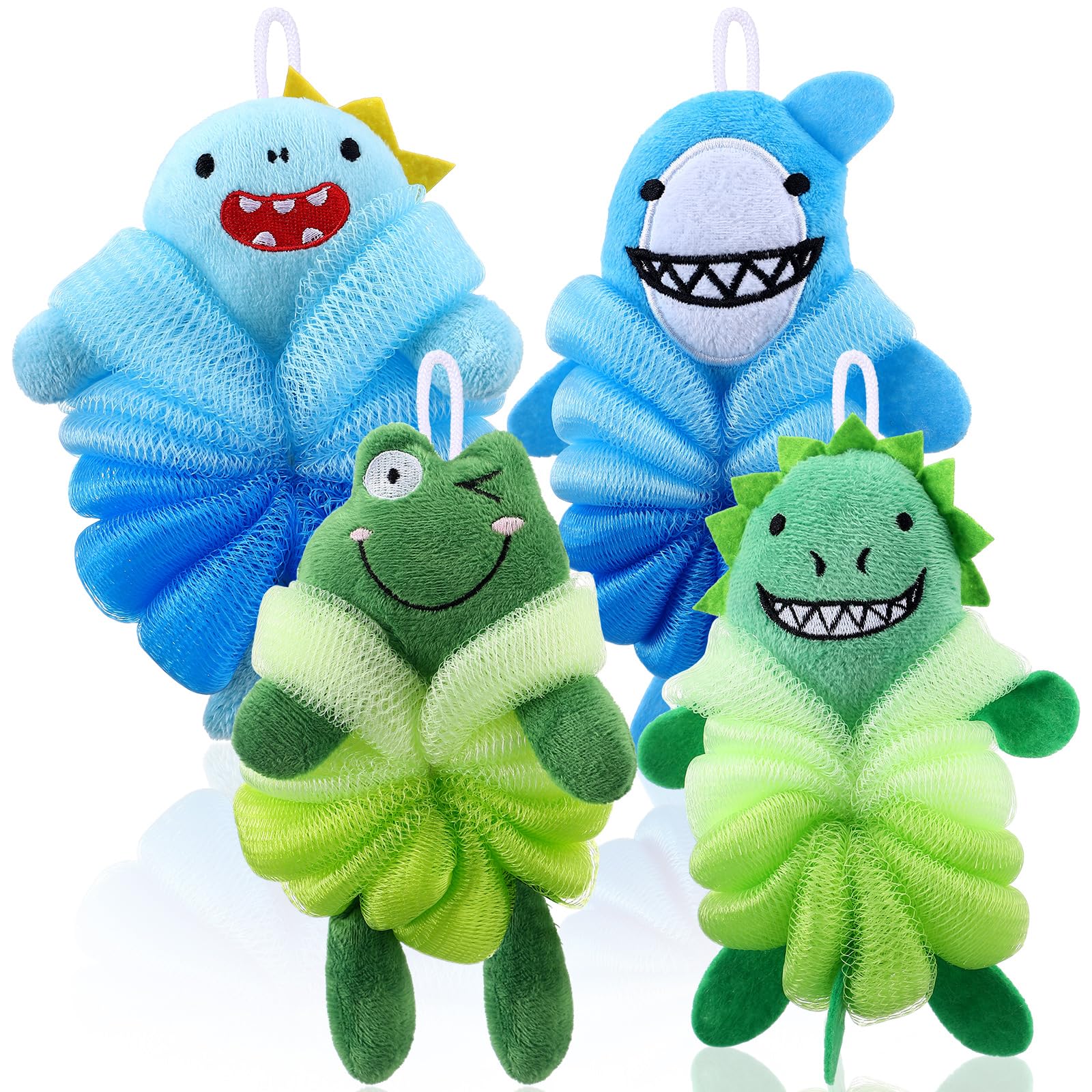 Tatuo 4 Pcs Animal Bath Loofahs Kids Body Loofah Cartoon Shower Cute Bath Sponge Pouf Body Scrubbers Mesh Sponge for Toddler Children Boys Girls