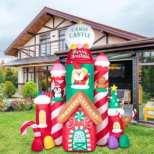 Miniatura 7 de Nervure Castillo de Navidad inflable de 10 pies – Castillo inflable de Navidad, dulces, Papá Noel, reno, pingüino de pan de jengibre con luces LED