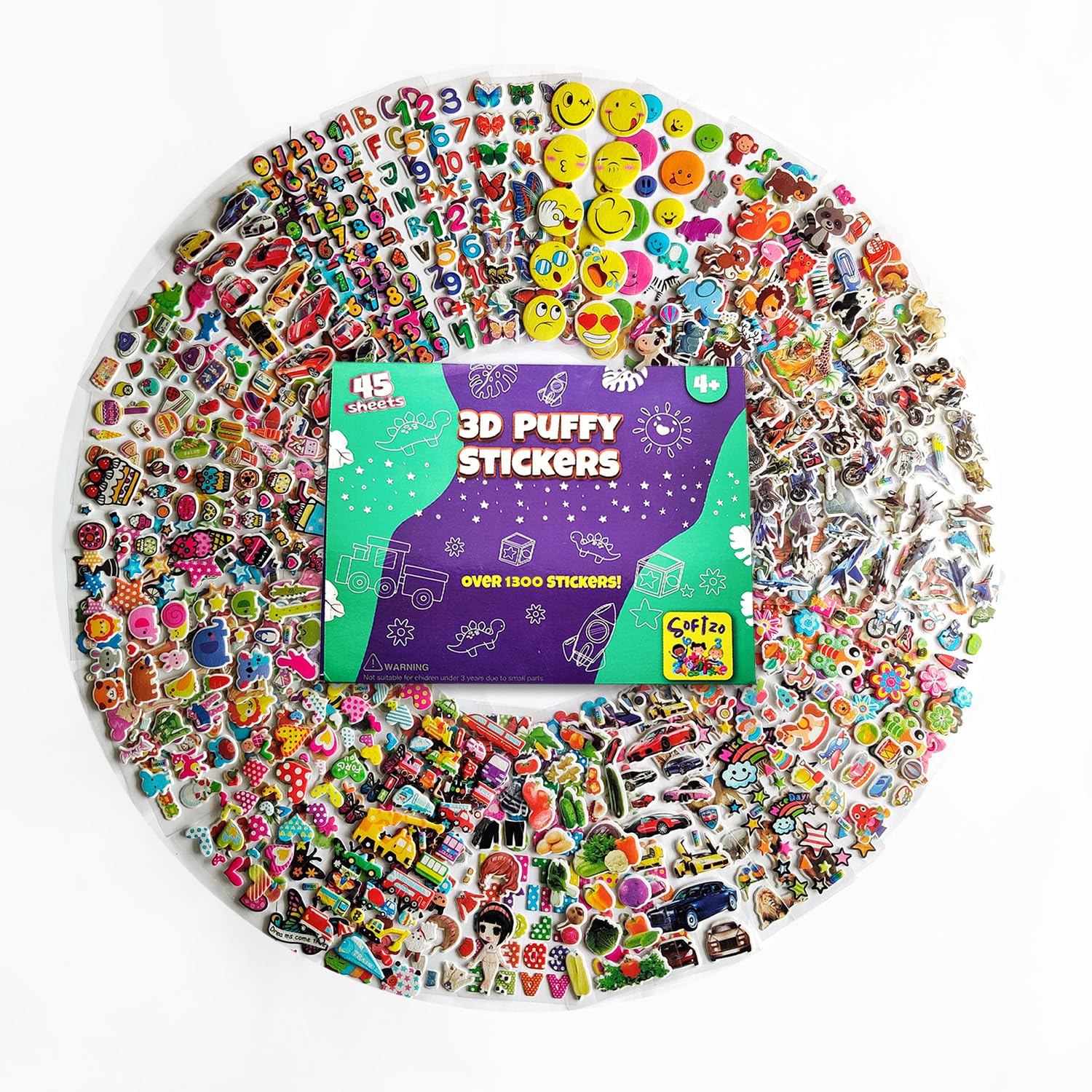 SOFTZO 3D Stickers for Children - 45 Puffy Sheets with 1300+ Kids Sticker - Perfect for Party Bag Fillers, Scrapbooking, Fun with Stickers of Cars, Letters, Numbers, Dinosaur, Stars, Alphabet & More