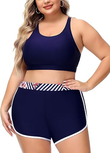 Miniatura 4 de Women Plus Size 3 Piece Tankini Swimsuits Athletic Bathing Suits with Boy Shorts Tank Top with Sports Bra