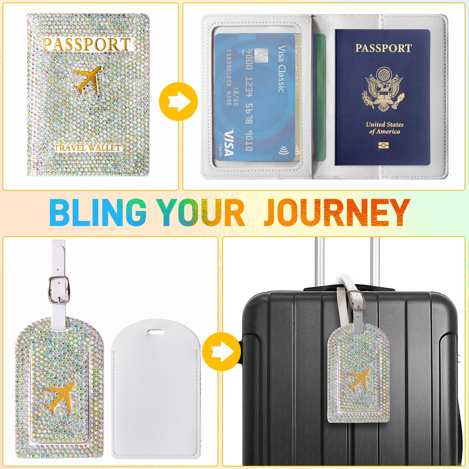 SlowVibes Porta passaporto con strass e set di etichette per bagagli, etichette per bagagli per valigie, copertura per passaporto glitterata, portafoglio per passaporto fatto a mano per donne, ragazze