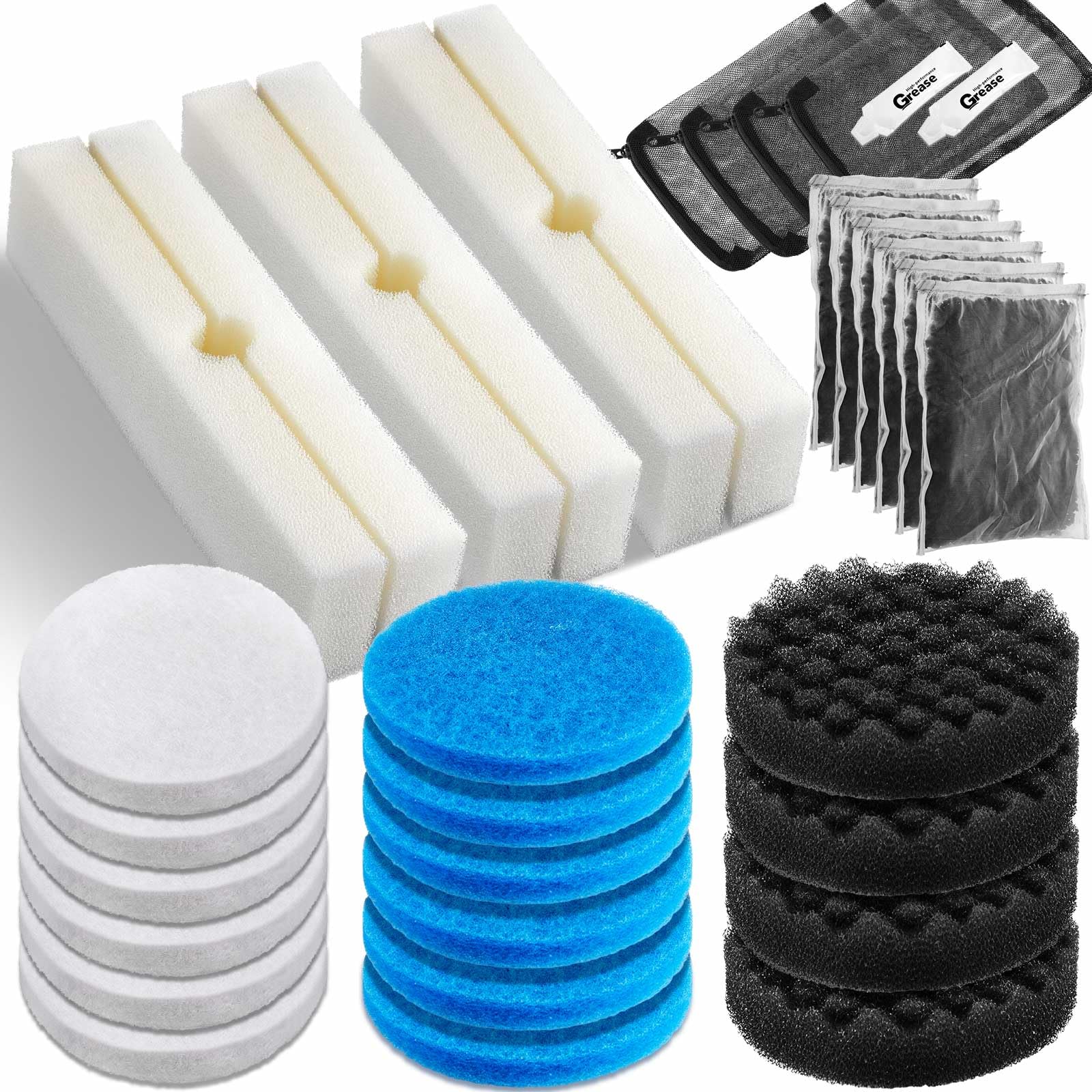 Threlaco 34 Pcs Aquarium Media Replacement Kit Compatible with Fluval Fx4 Fx5 Fx6, Quick Clear/Water Polishing Pads, Foam Pads, Carbon Sponge Filter,