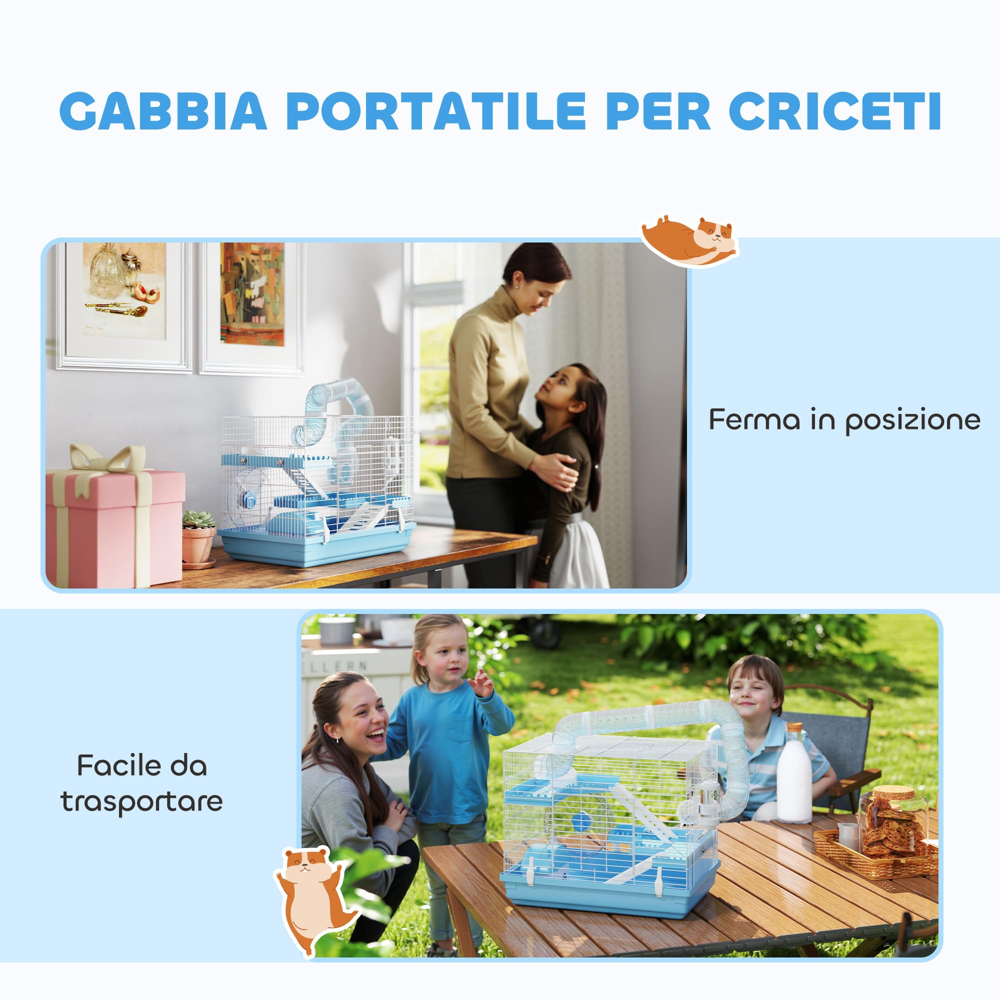 PawHut Gabbia per Criceti a 3 Livelli con Casetta, Ruota, Ciotola per Cibo, Bottiglia e Tubi, Gabbietta per Piccoli Roditori e Criceti Nani, 47.5x31.5x29.5 cm, Azzurro