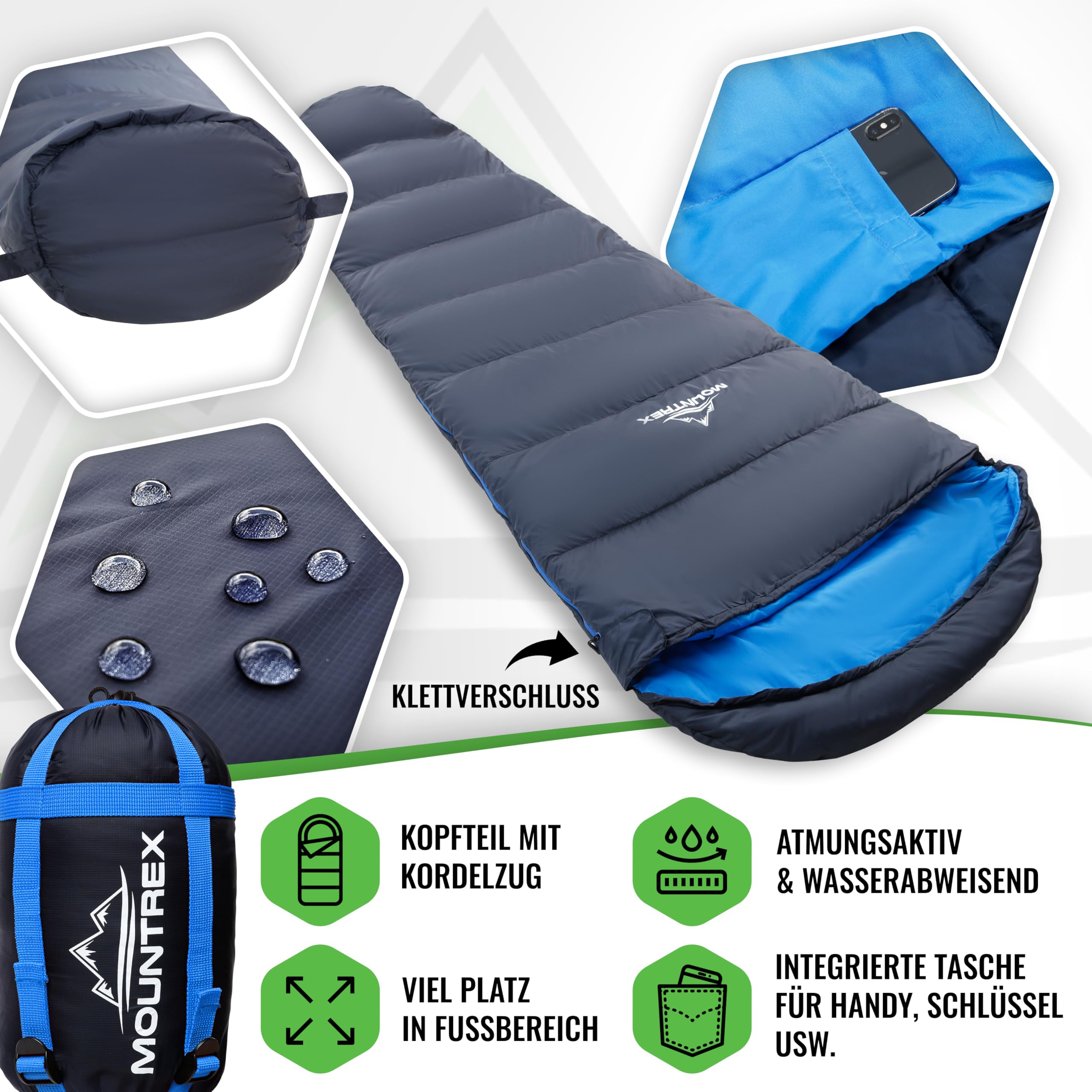 MOUNTREX Śpiwór zimowy i letni – mały rozmiar po spakowaniu i ultralekki (760 g/1500 g) – outdoorowy śpiwór na kemping