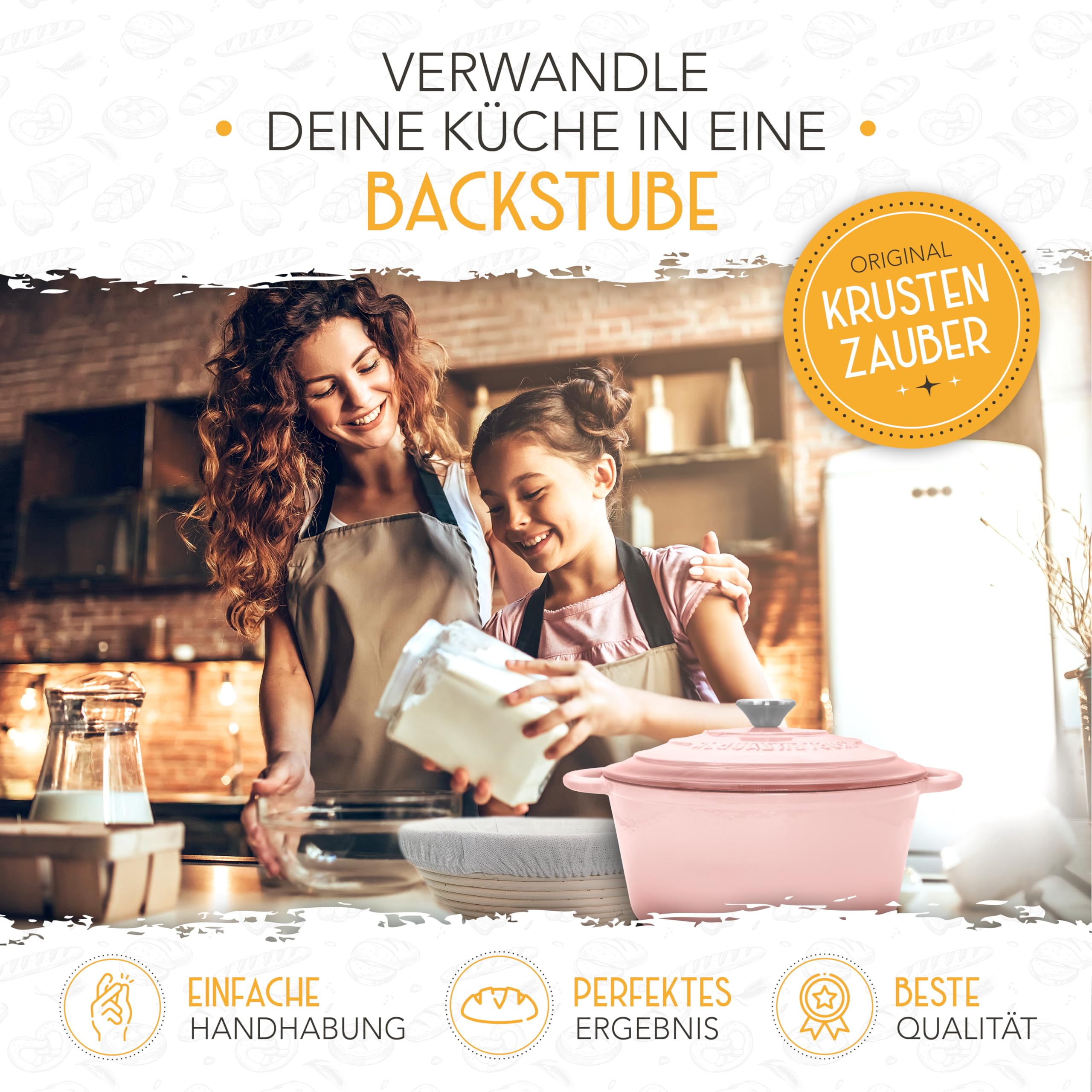 KRUSTENZAUBER Casserole en fonte émaillée avec panier de fermentation – Casserole en émail de 26 cm avec accessoires – Idéal comme casserole à pain, moule à pain avec couvercle, marmite en fonte