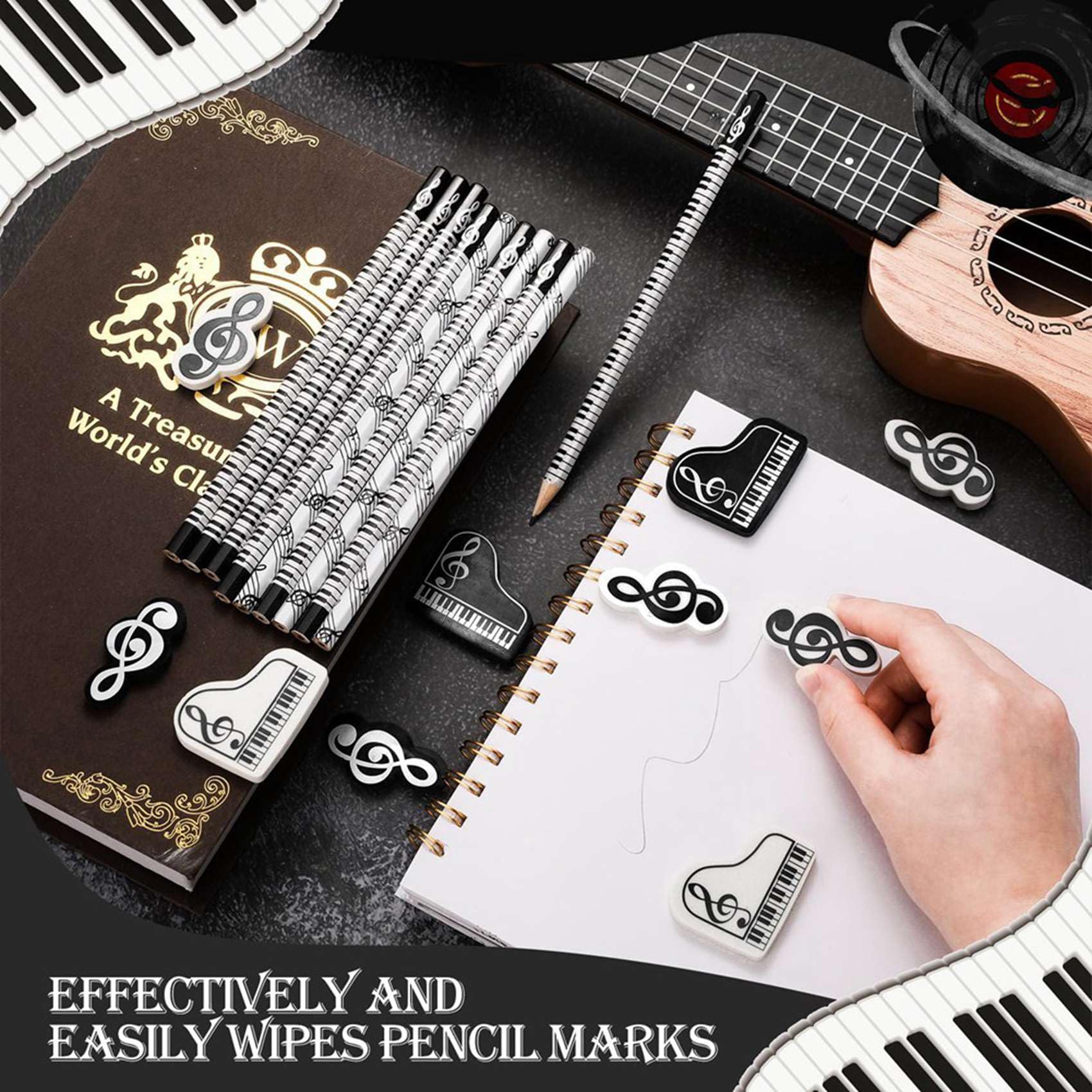 Musikstifte, Musiknoten-Bleistift mit Radiergummis zum Thema Musik, Holzstifte, Großpackung, Tastatur, Lustige Bleistifte, Radiergummis, Geschenk (192 Stück)