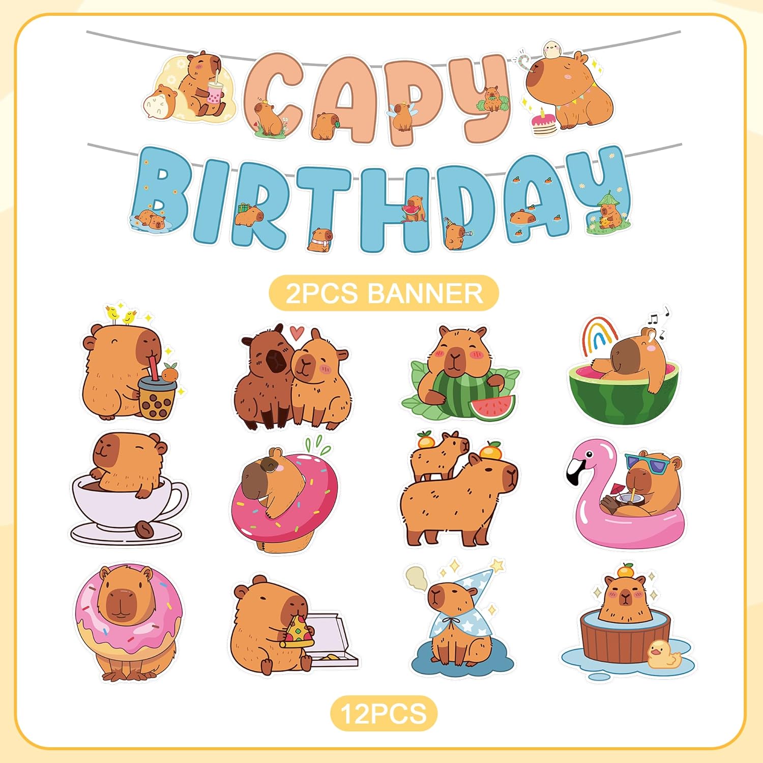 Capybara Birthday Decorations, 14PCS Capybara Party Favors Including Capy Birthday Banners and Hanging Swirls, Cute Animal Themed Bday Party Supplies