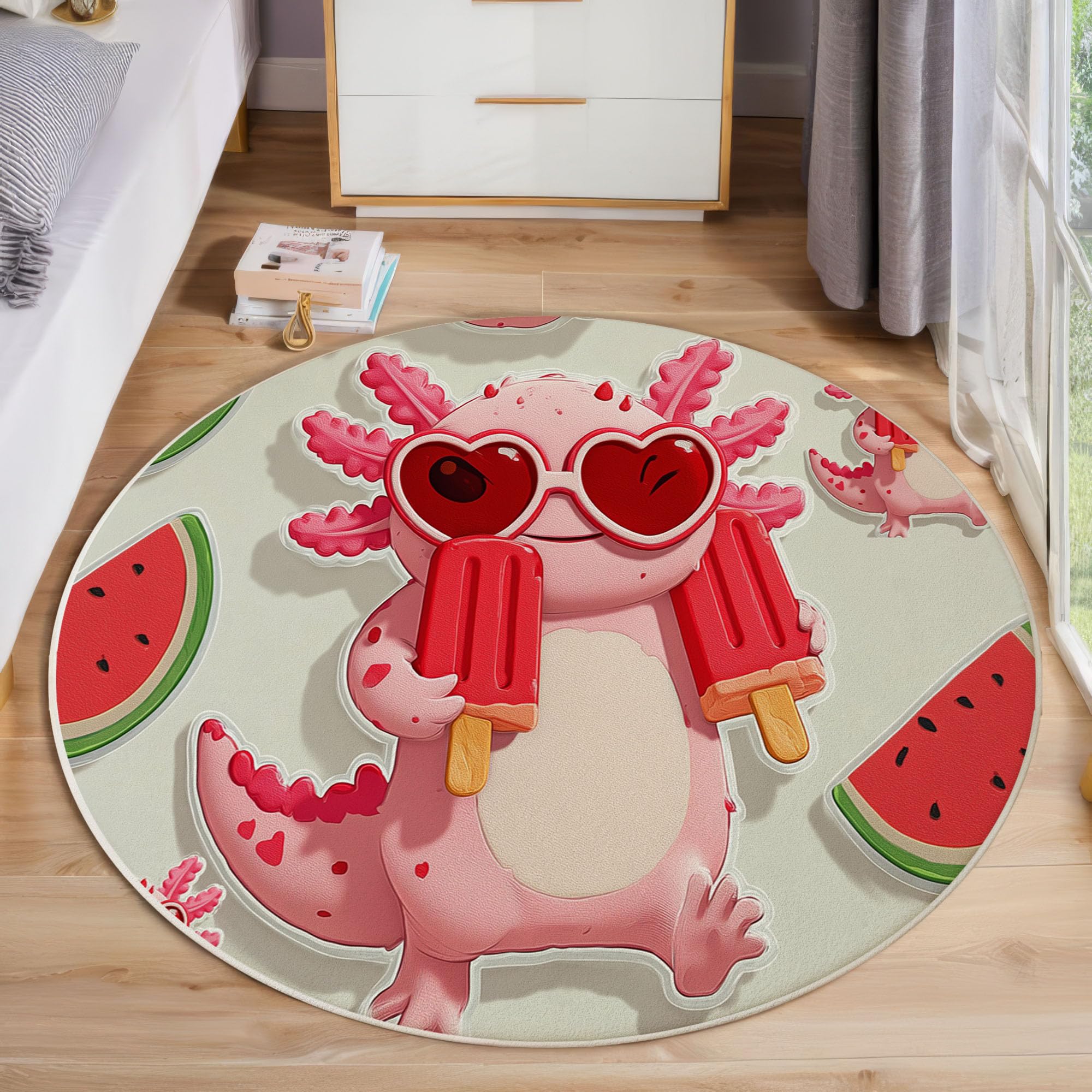 Tapis rond de salamandre pour chambre enfant - Moquette rose antidérapante et lavable de 160 cm