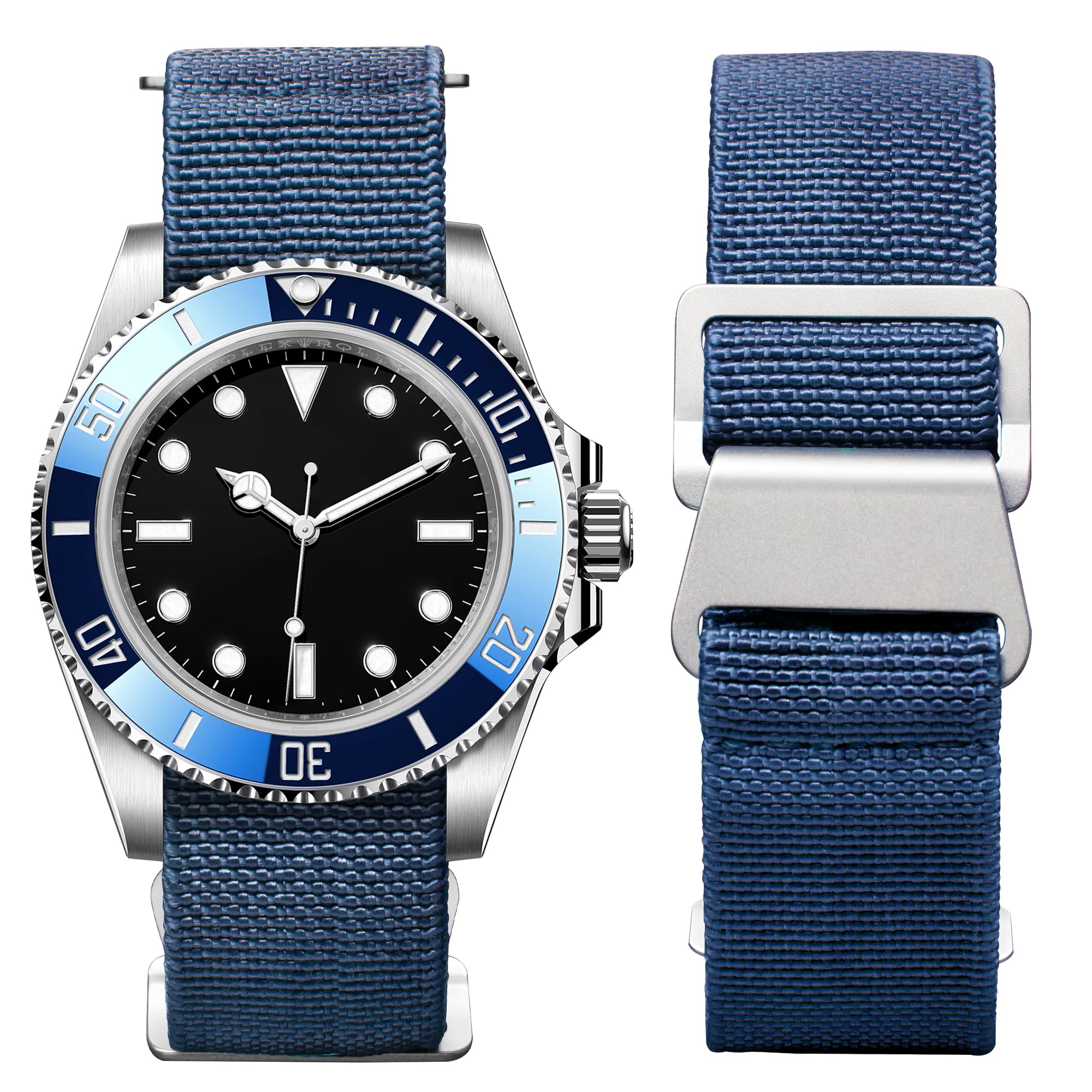 BINLUN Elastic Nylon Watch Band 18mm 20mm 22mm Marine Nationale Fabric Military Parachute Replacement Watch Strap Men Women Silver & Black Buckle - Upgraded Hook-and-Loop Buckle