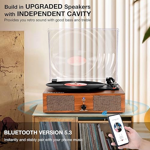 Miniatura 2 de Reproductor de discos de vinilo con altavoces mejorados y USB, tocadiscos Bluetooth impulsado por correa con entrada AUX de 3 velocidades y salida