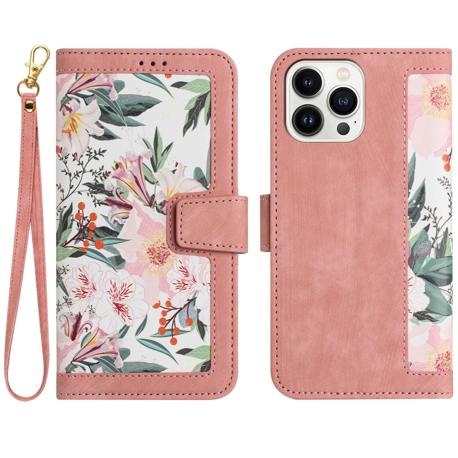 Étui iPhone 13 Pro portefeuille en cuir rose avec coque magnétique flip back motif fleur - 8