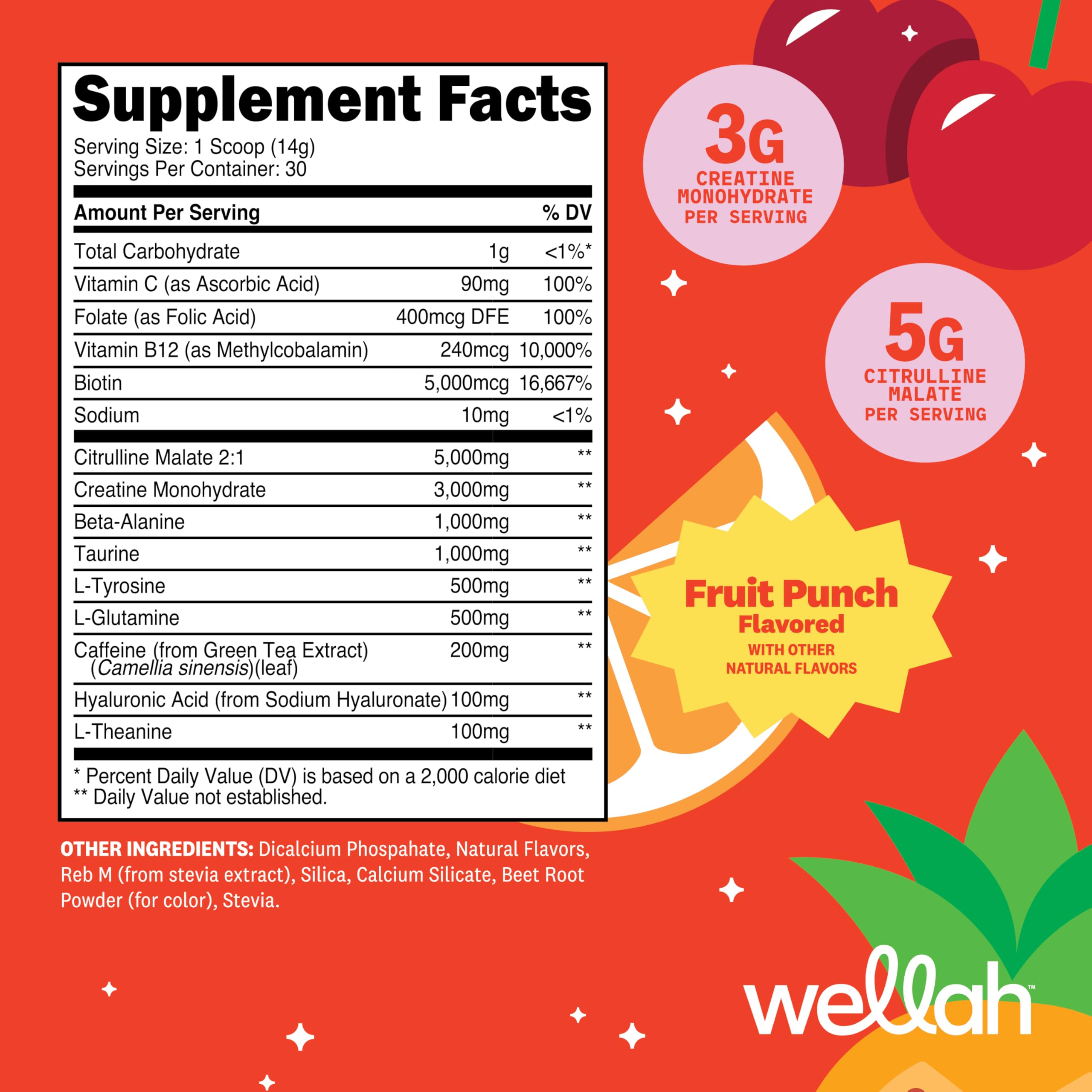 Wellah Pre-Workout + Creatine Powder (30 Servings) Fruit Punch - 200mg Caffeine, 3g Creatine Monohydrate, 5g Citrulline Malate, Pre-Workout with Creatine Supplement