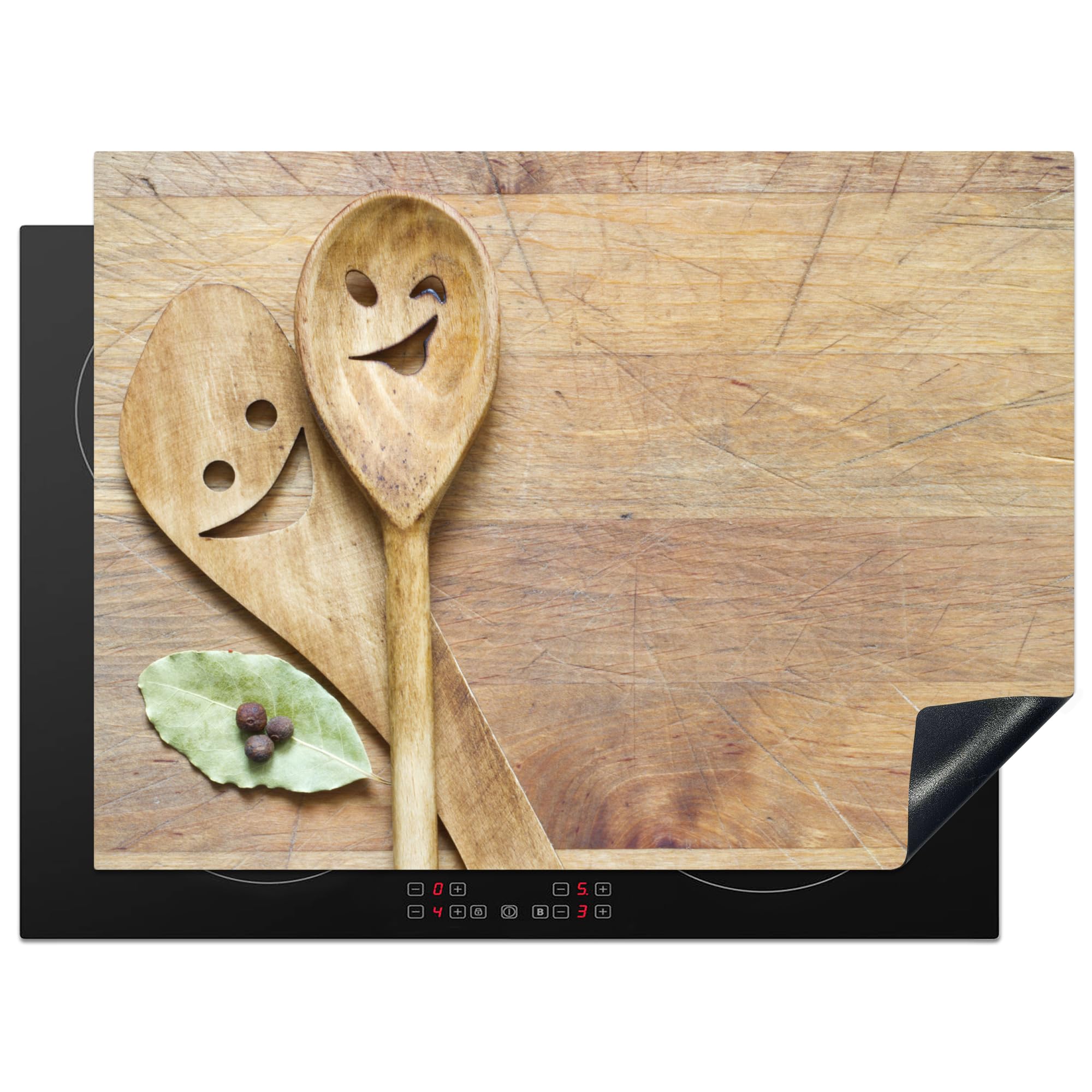 KitchenYeah© Induction Hob Protector Mat 20.5"x27.6" / 70x52 cm Stove Cap Top Cover Kitchen Cooker Covers for Electric Hobs Vinyl Wood - Spoons - Brown - Smiley — image 1