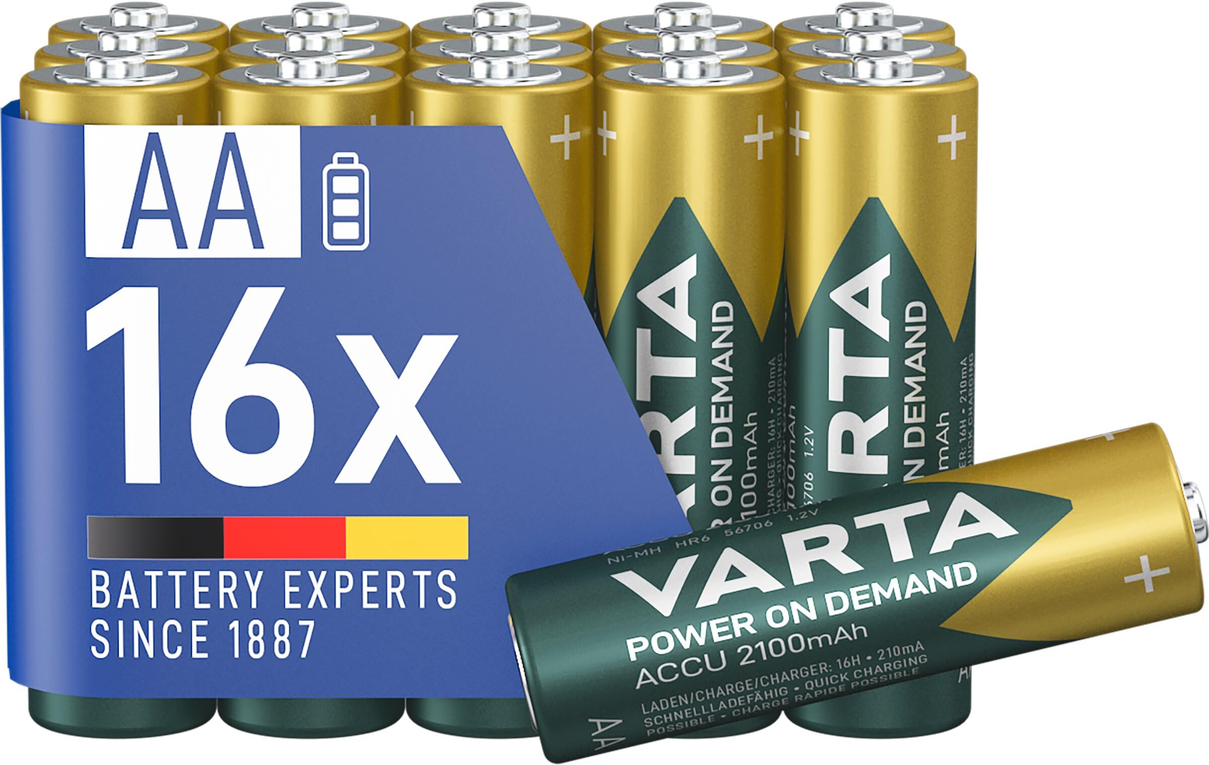 VARTA Batterien AA, wiederaufladbar, 16 Stück, Akku, Power on Demand, 2100 mAh Ni-MH, vorgeladen, sofort einsatzbereit [Exklusiv bei Amazon]