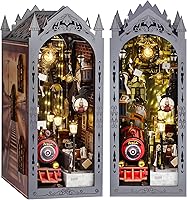 Vista 13 de Spilay Kit de montaje de rincón de libro en miniatura para casa de muñecas en 3D, rompecabezas de madera 3D, decoración con LED, sujetalibros