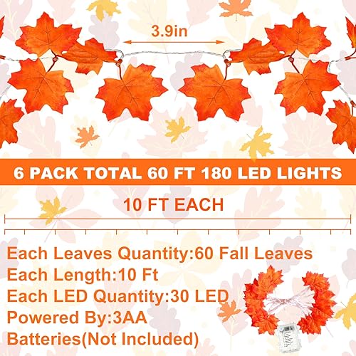 Miniatura 2 de Decoraciones de Halloween, decoración de otoño, tira de luces de hoja de arce con temporizador y control remoto, 20 pies, 60 LED, funciona con