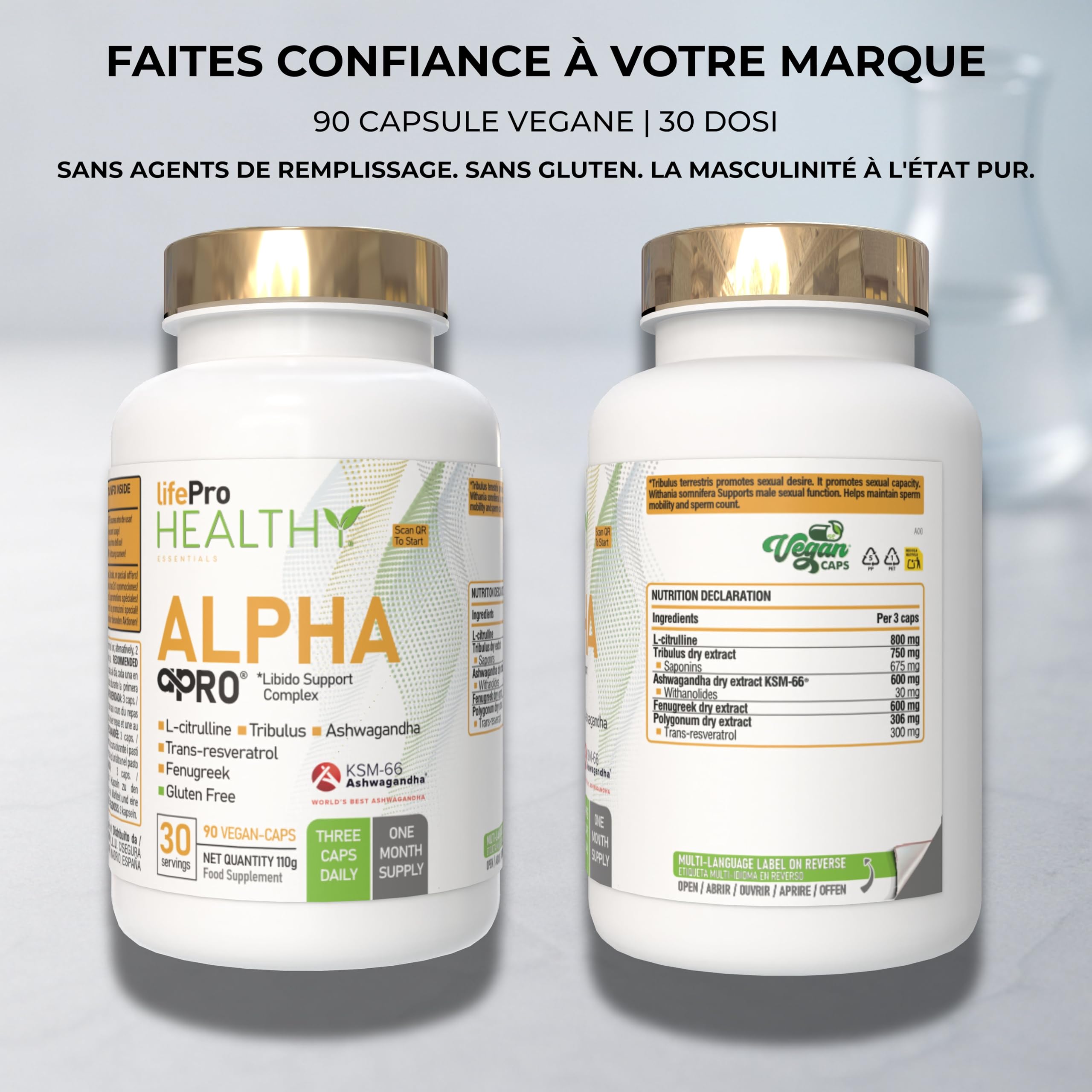Tribulus Terrestris 90 Saponines Alpha Pro Formule 5 en 1 avec Ashwagandha KSM 66 Fenugrec L-Citrulline et Resvératrol Complément Alimentaire