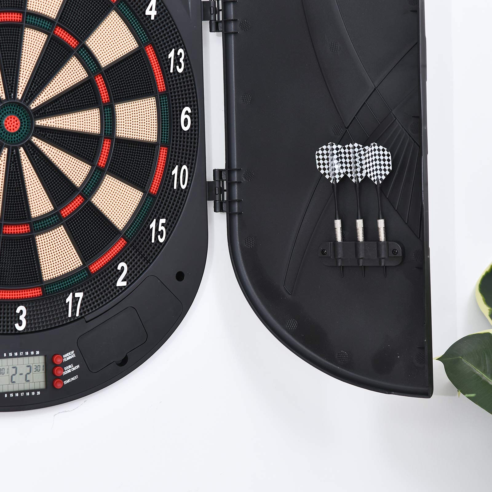 HOMCOM Cible de Jeu de Fléchettes Électronique Refermable avec 26 Jeux, Affichage LCD, Haut-Parleur, jusqu'à 8 Joueurs, Noir