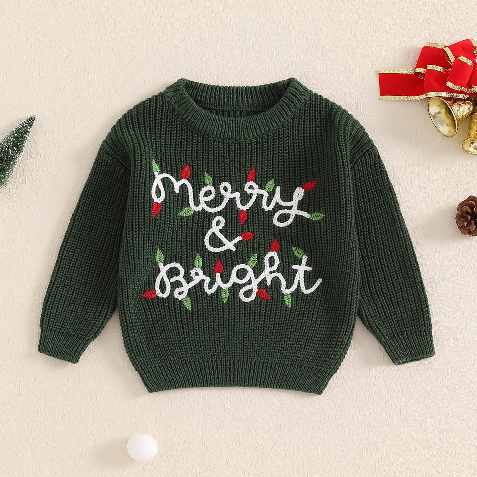 JLKGICF Toddler Baby Boy Girl Christmas Sweater Letter Embroidery Knit Sweatshirt Newborn Infant Cute Fall Winter Clothes (Merry&Bright Apricot Dark Green, 2-3 Years)