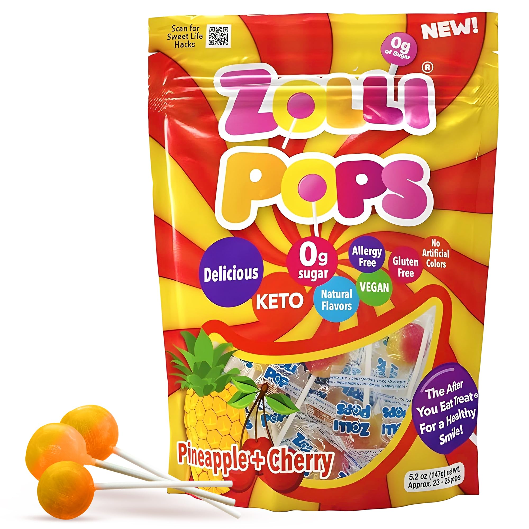 Zollipops Clean Teeth Pops Sugar Free Candy with Xylitol, Dye-Free Lollipops - Keto & Diabetic-Friendly, Dentist-Approved Treats for Kids (Cherry and Pineapple 5.2 oz)