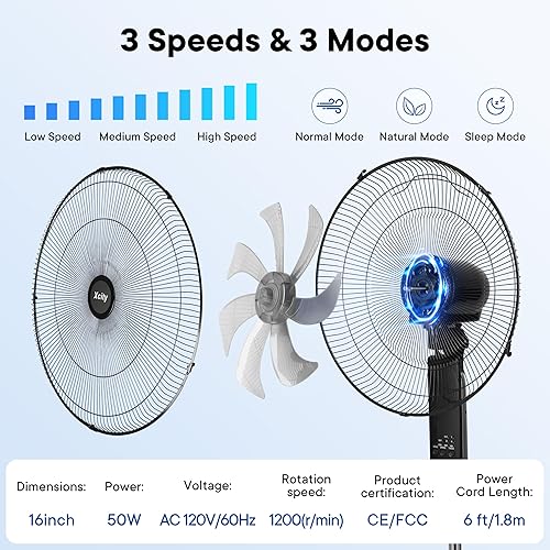 Miniatura 3 de Xcity Ventilador de pedestal oscilante de 16 pulgadas, ventilador de soporte de 3 velocidades, control remoto, alta velocidad, altura e inclinación