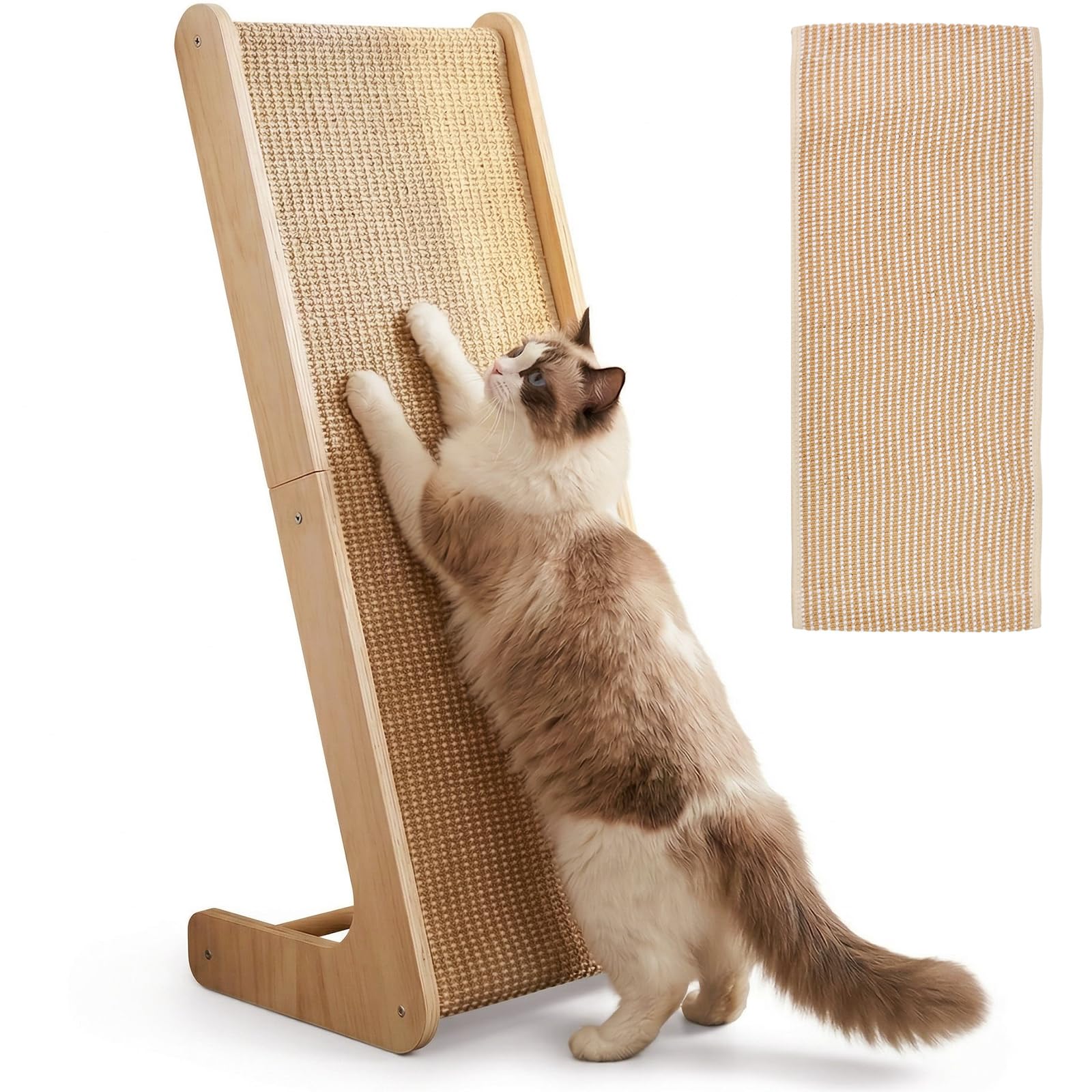 Rascador para Gatos, Rascador en Forma de L con Almohadilla de Sisal 69CM Columna Rascadora de Sisal Natural con Rampa con 1 Tapete de Sisal de Repuesto, Protector de Muebles de Pared