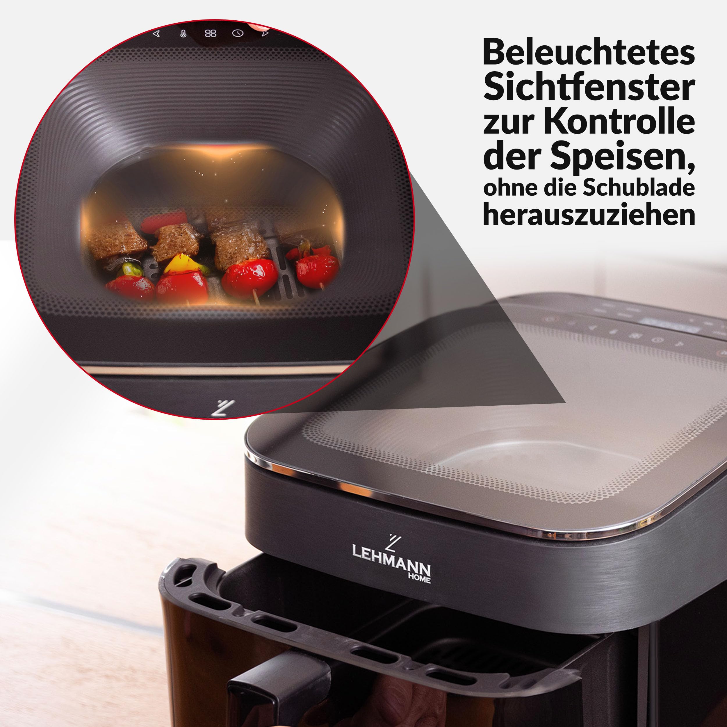 LEHMANN XL Heißluftfritteuse 6,5L, Airfryer mit oberem Panorama-Sichtfenster & Beleuchtung, Touchdisplay, 12 Programme, Rühr-Erinnerung, spülmaschinengeeignete Antihaft-Roste, Familien Air Fryer