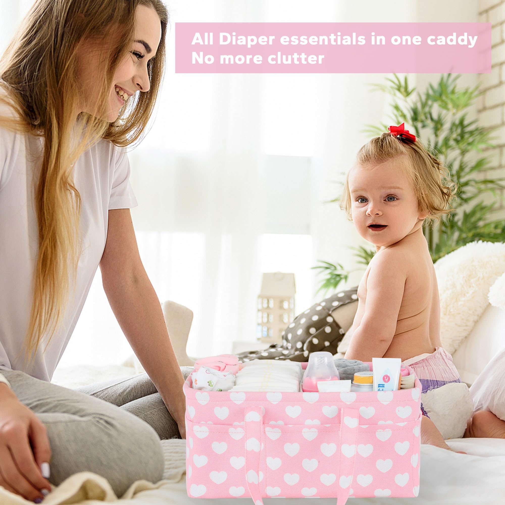 Diaper Caddy Organizer for Baby Girl-Nursery Storage Bin-Portable Car Organizer for Diapers and Baby Wipes- Baby Shower Registry Basket Newborn Must Have Tote Caddy Bag（Pink Heart）